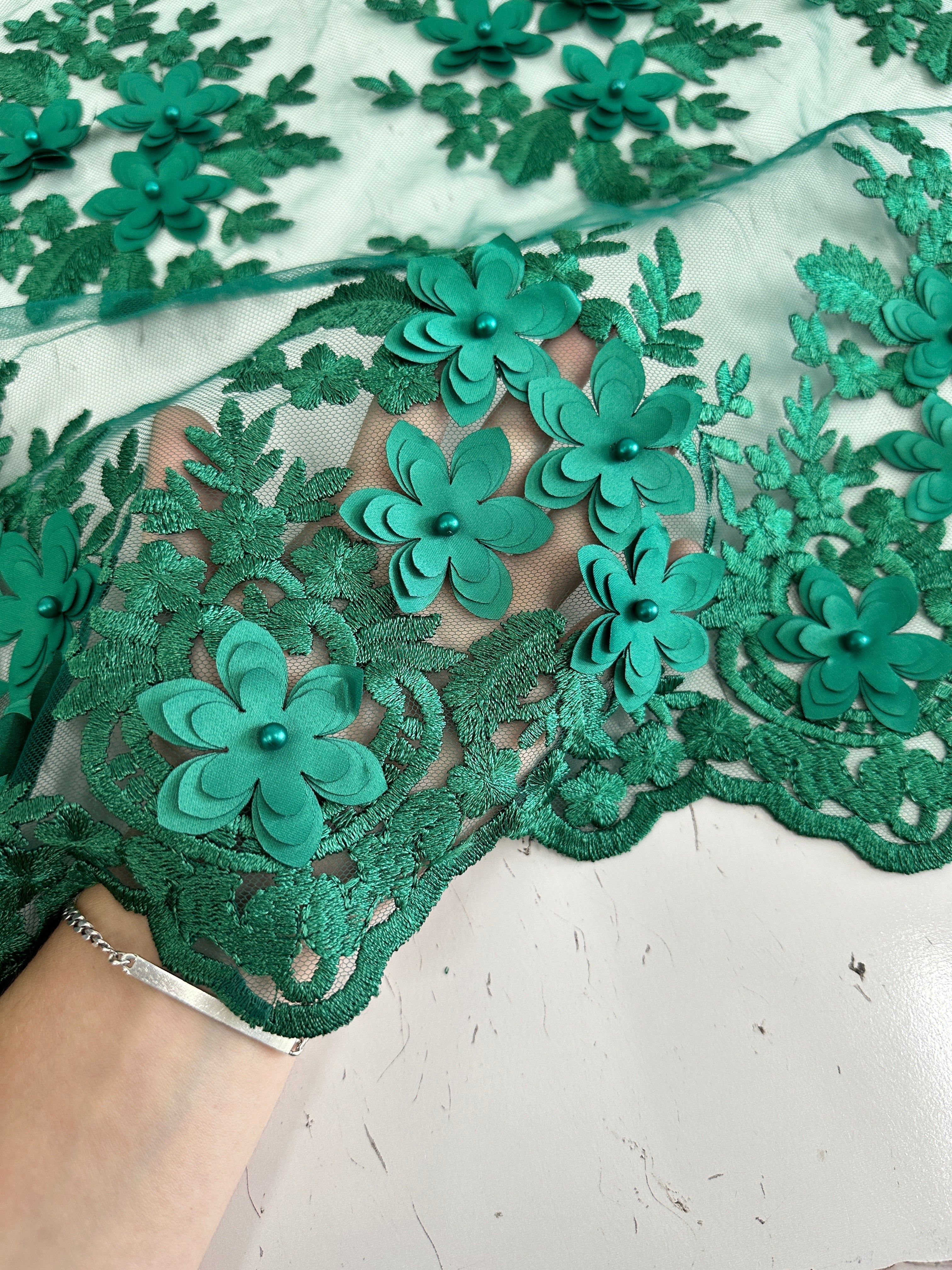 Kelly Green 3D Flower Scalloped Mesh Lace, online textile store, sewing, fabric store, sewing store, cheap fabric store, kiki textiles