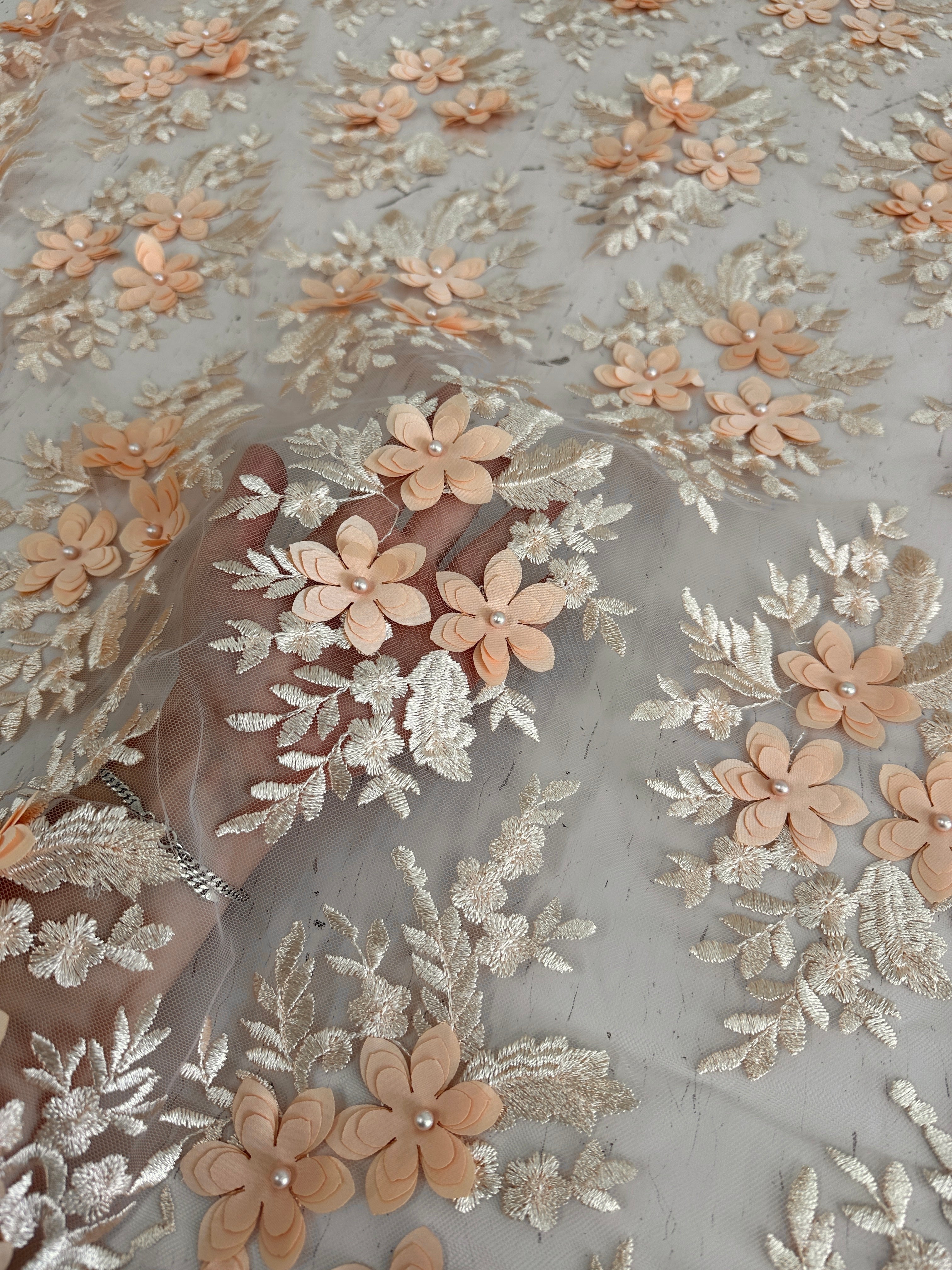 Peach 3D Flower Scalloped Mesh Lace online textile store, sewing, fabric store, sewing store, cheap fabric store, kiki textiles