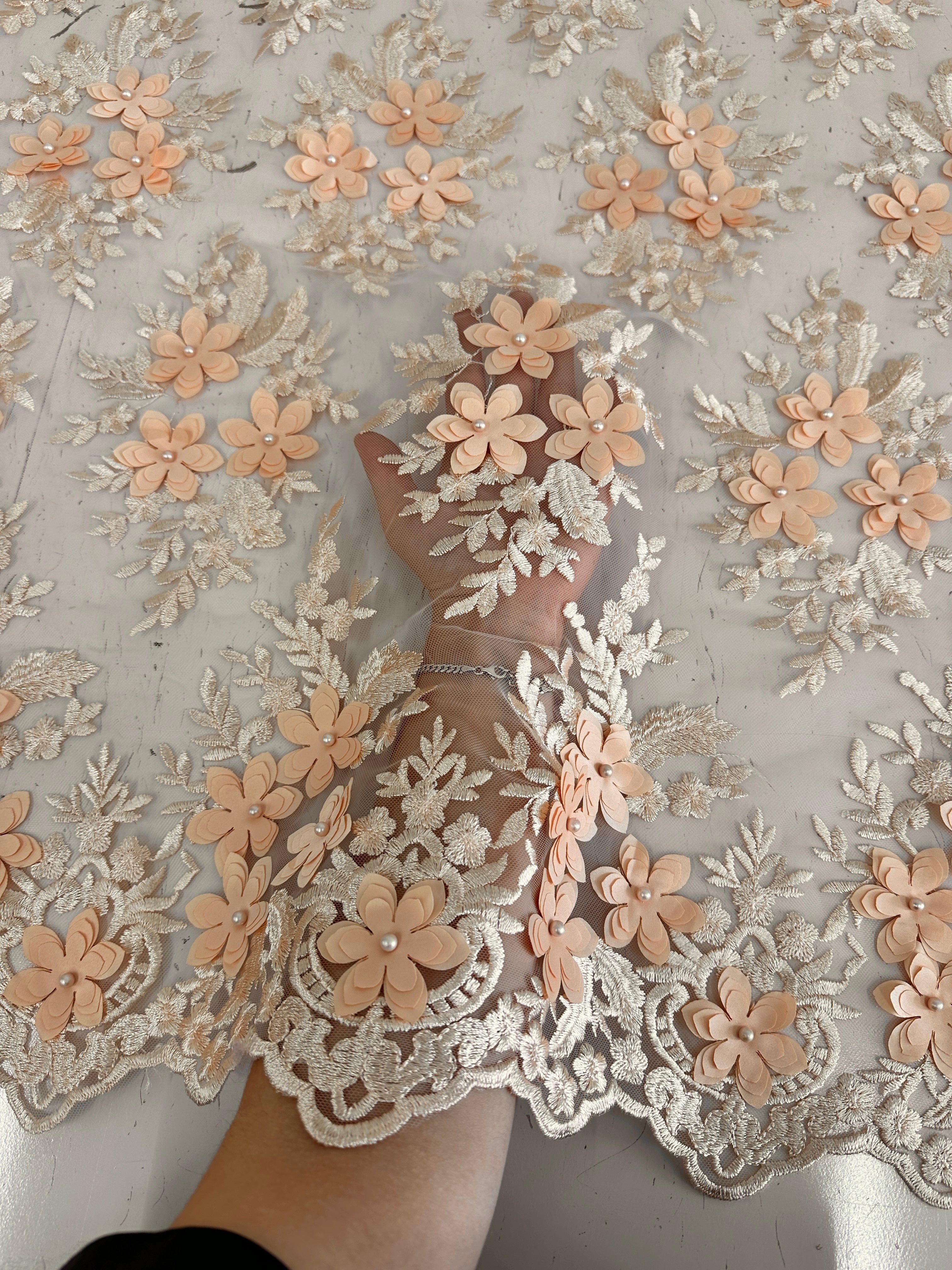 Peach 3D Flower Scalloped Mesh Lace online textile store, sewing, fabric store, sewing store, cheap fabric store, kiki textiles