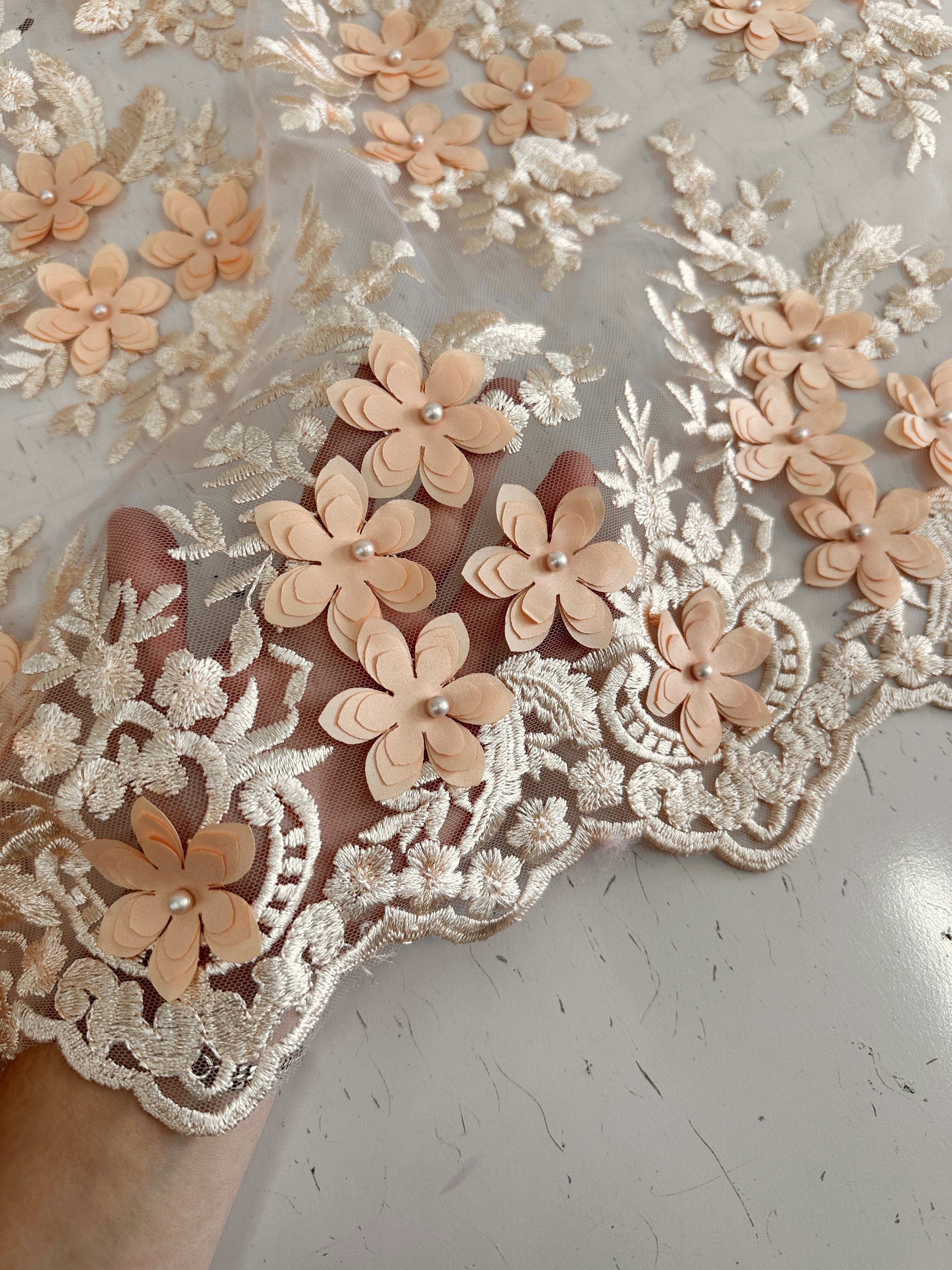 Peach 3D Flower Scalloped Mesh Lace online textile store, sewing, fabric store, sewing store, cheap fabric store, kiki textiles