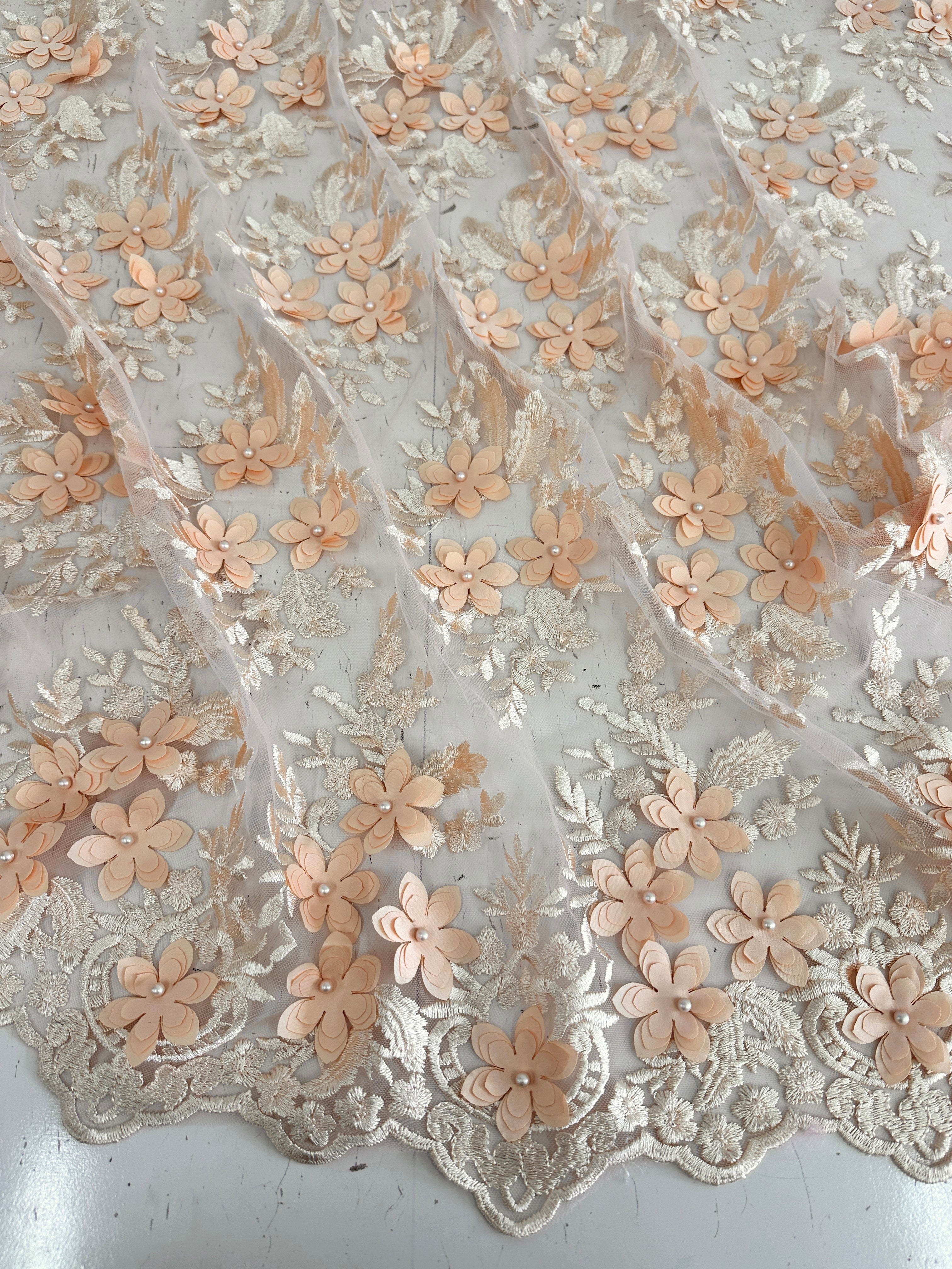 Peach 3D Flower Scalloped Mesh Lace online textile store, sewing, fabric store, sewing store, cheap fabric store, kiki textiles