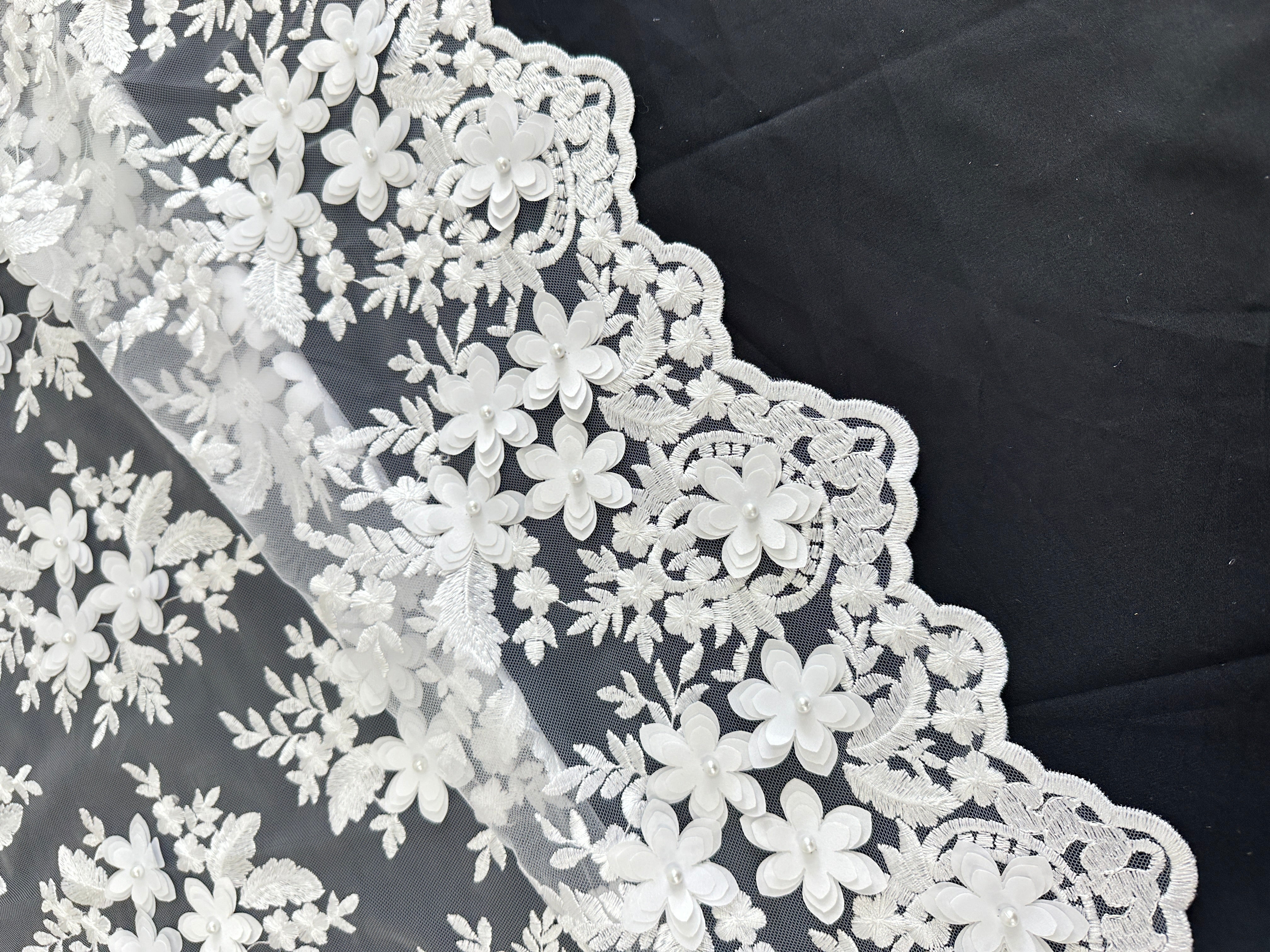 White 3D Floral Scalloped Mesh Lace, online textile store, sewing, fabric store, sewing store, cheap fabric store, kiki textiles