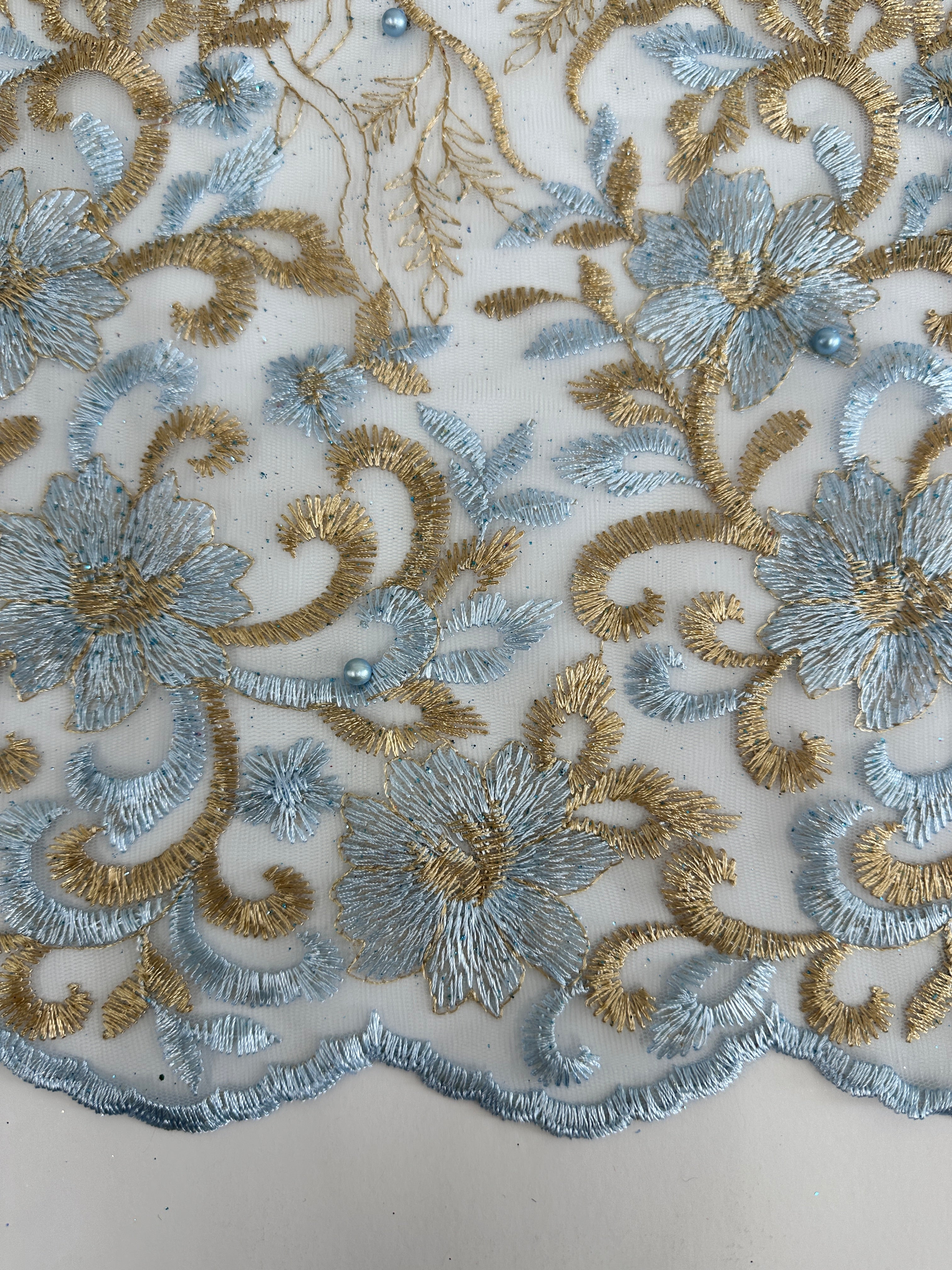 Gold-baby Blue Embroidered Glitter Floral Scalloped Lace, Gold-baby Blue Lace, Embroidered Lace, Nude Lace Mesh, Lace for Woman, Lace for Bride, Lace on Sale, Lace on Discount