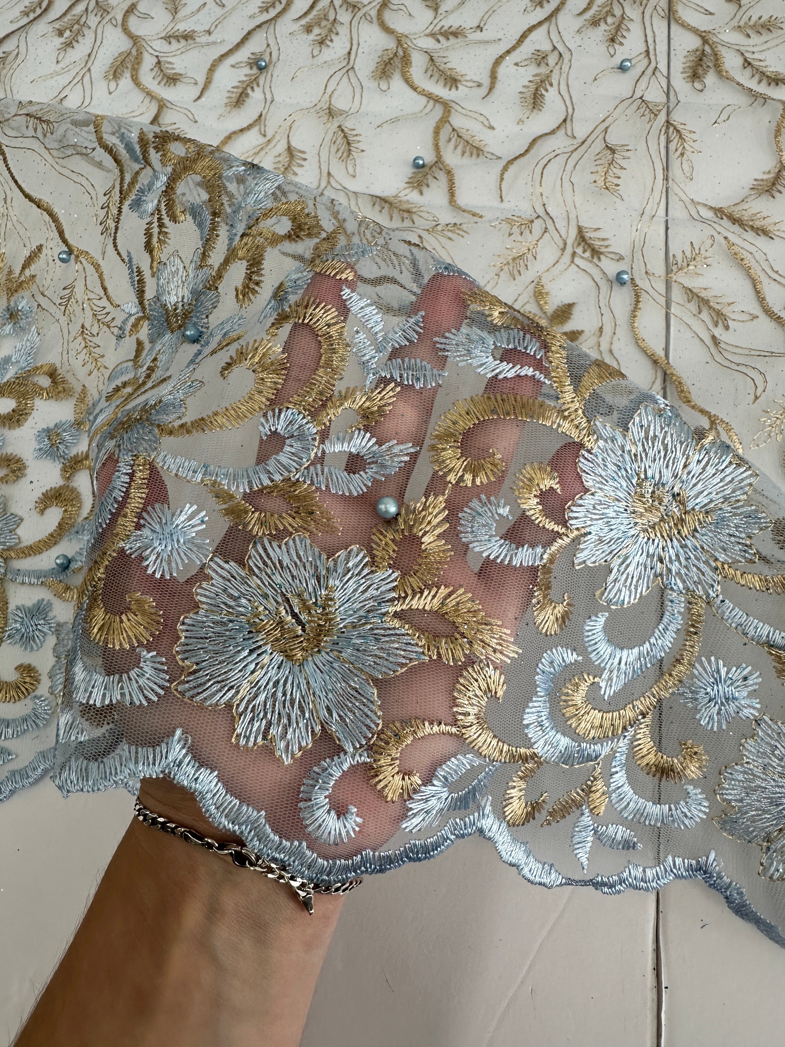 Gold-baby Blue Embroidered Glitter Floral Scalloped Lace, Shop Fabrics Online, Sewing, Fabric Store, Sewing Store, Cheap Fabric Store, Kiki Textiles, Textile by the Yard