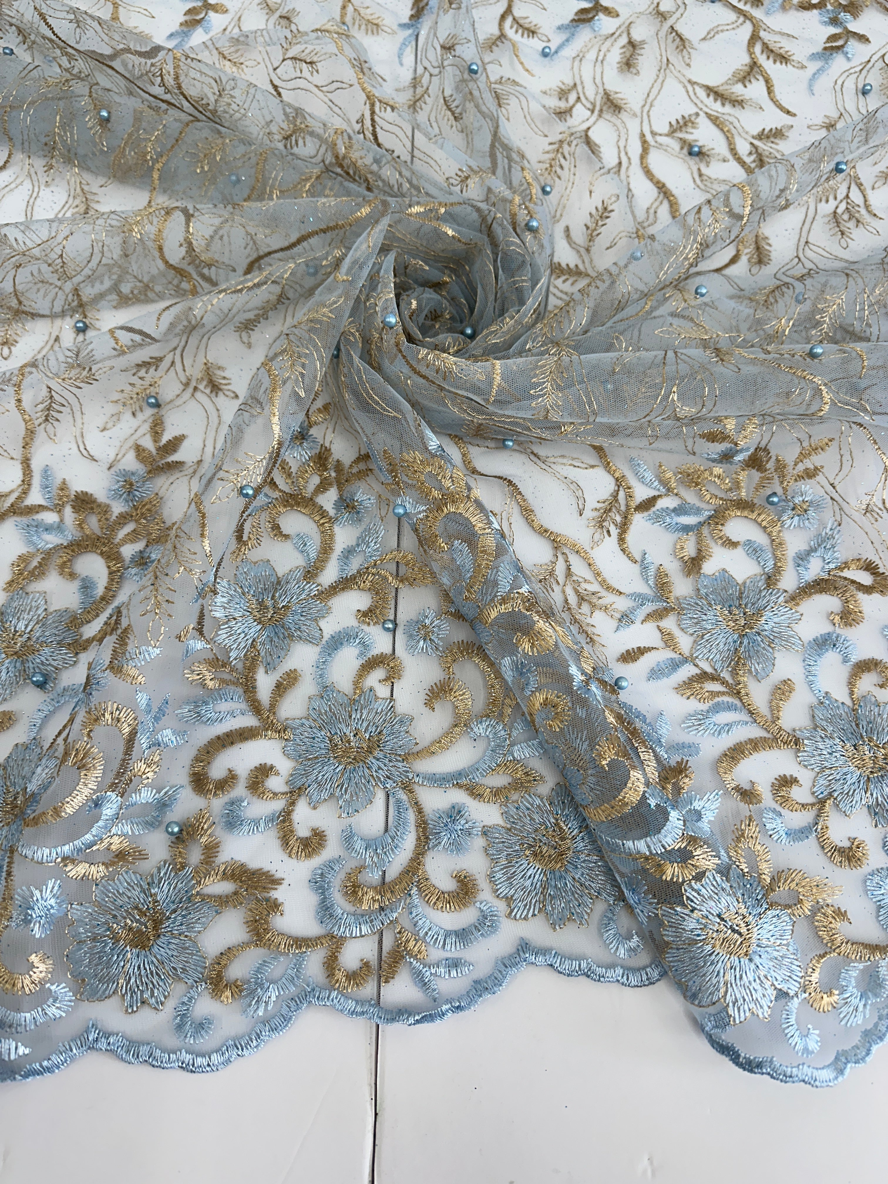 Gold-baby Blue Embroidered Glitter Floral Scalloped Lace, Gold-baby Blue Lace, Embroidered Lace, Nude Lace Mesh, Lace for Woman, Lace for Bride, Lace on Sale, Lace on Discount