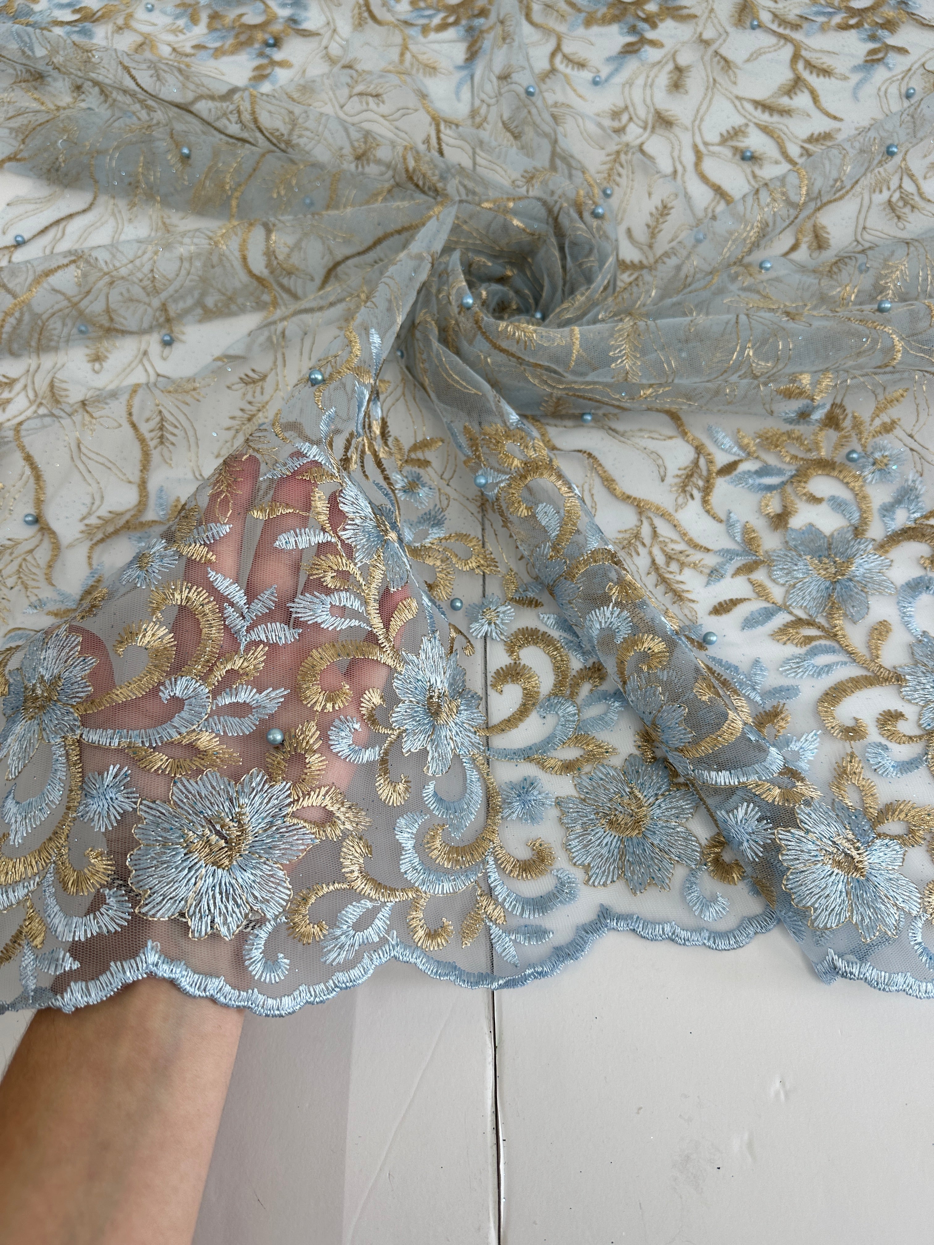 Gold-baby Blue Embroidered Glitter Floral Scalloped Lace, Shop Fabrics Online, Sewing, Fabric Store, Sewing Store, Cheap Fabric Store, Kiki Textiles, Textile by the Yard