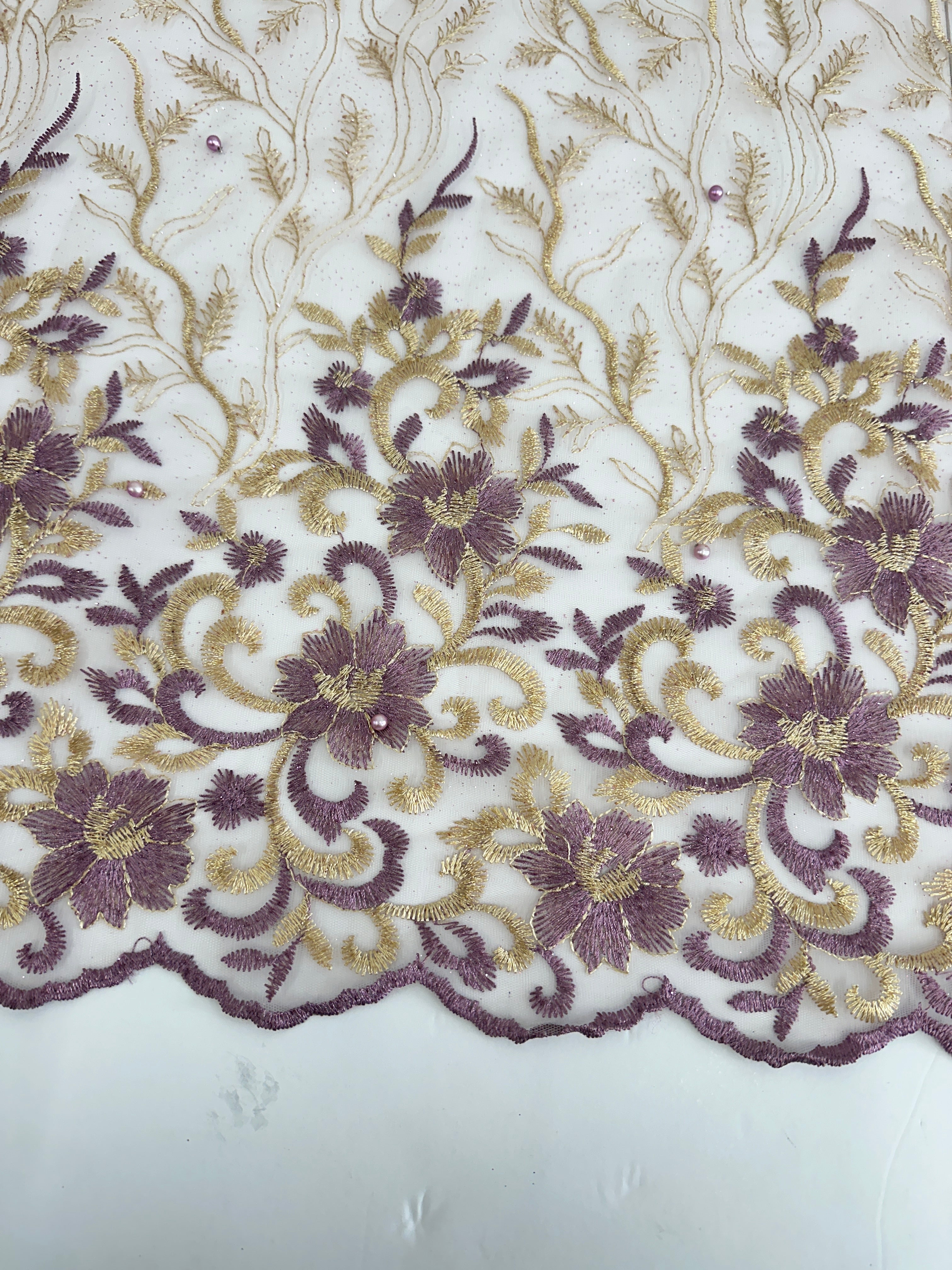 Gold-Lavender Embroidered Glitter Floral Scalloped Lace, Shop Fabrics Online, Sewing, Fabric Store, Sewing Store, Cheap Fabric Store, Kiki Textiles, Textile by the Yard