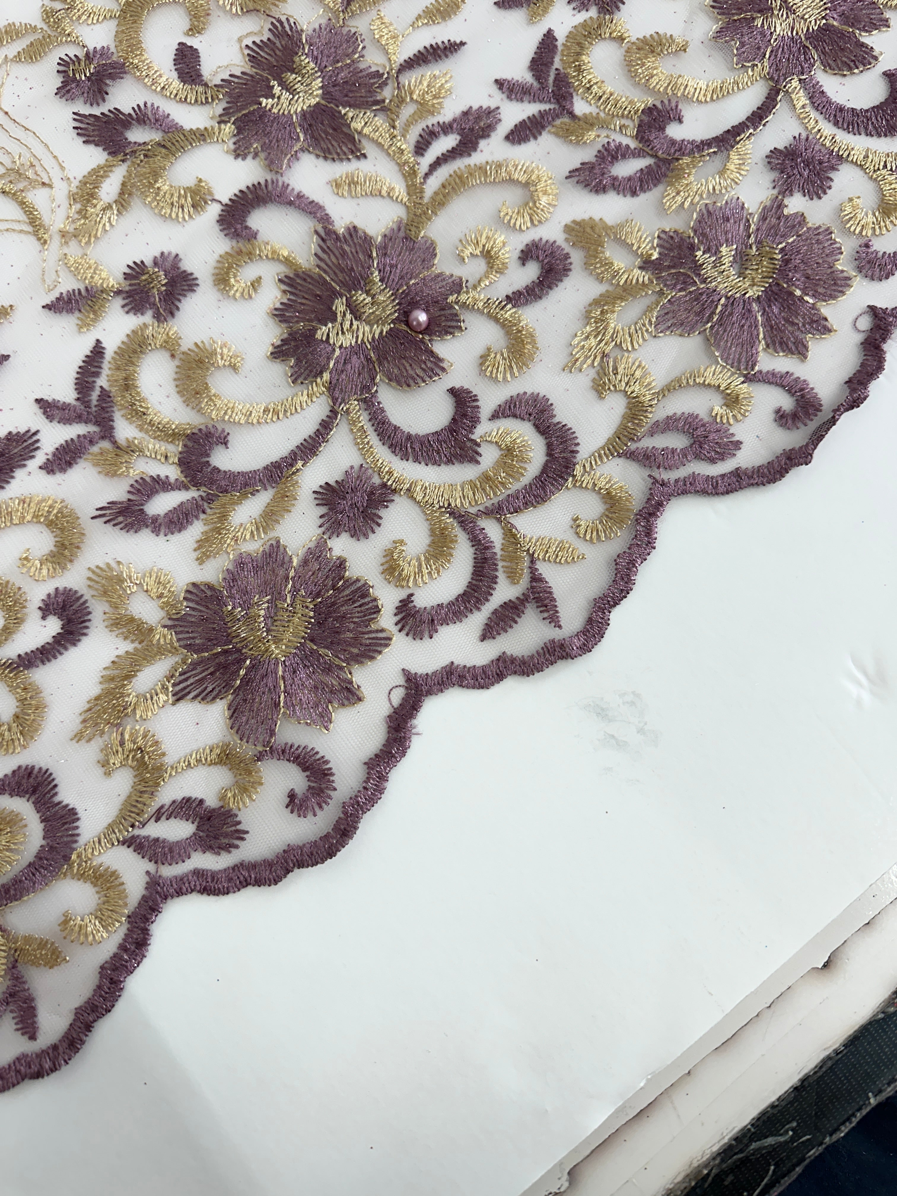 Gold-Lavender Embroidered Glitter Floral Scalloped Lace, Shop Fabrics Online, Sewing, Fabric Store, Sewing Store, Cheap Fabric Store, Kiki Textiles, Textile by the Yard