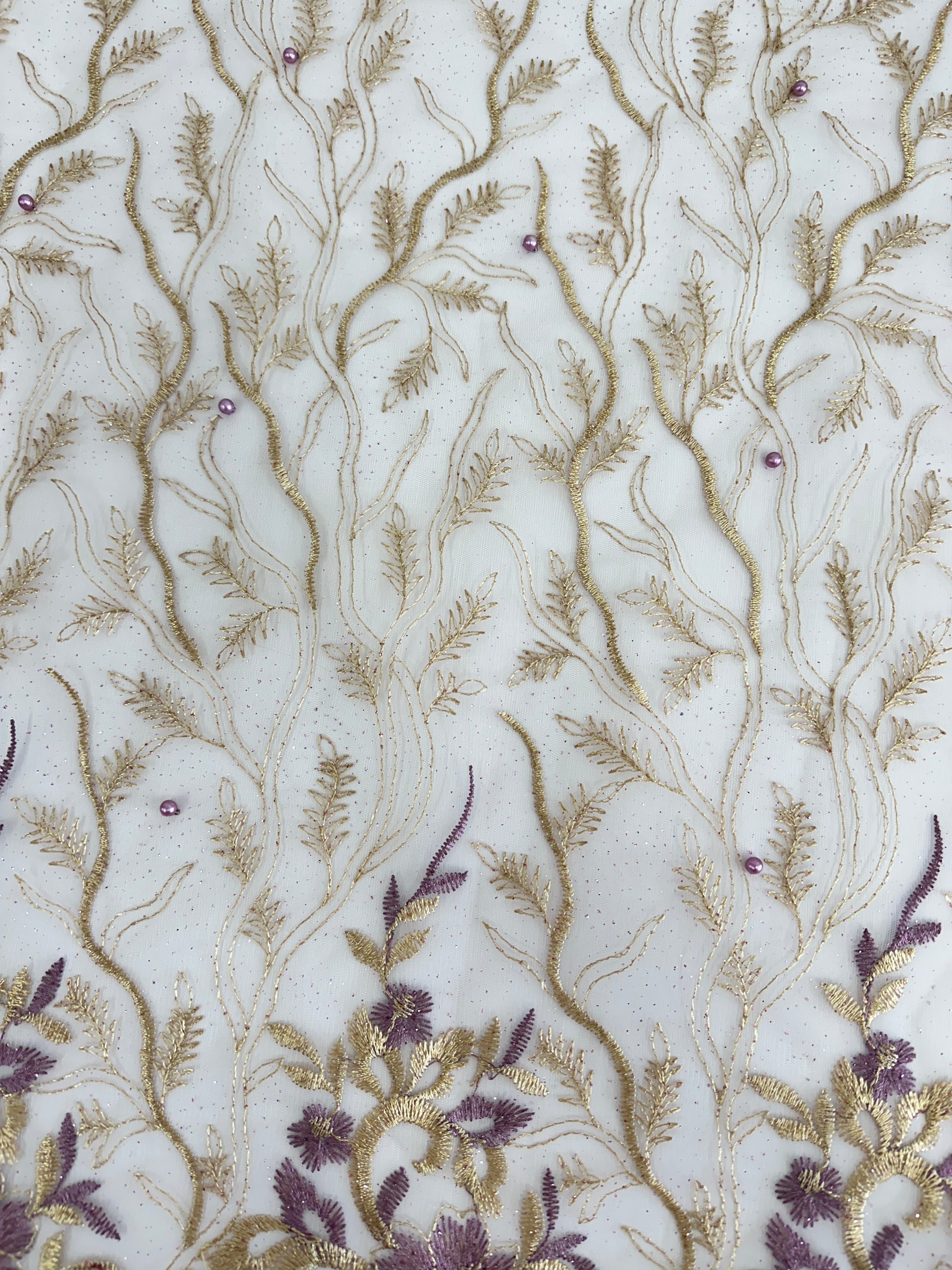 Gold-Lavender Embroidered Glitter Floral Scalloped Lace, Shop Fabrics Online, Sewing, Fabric Store, Sewing Store, Cheap Fabric Store, Kiki Textiles, Textile by the Yard