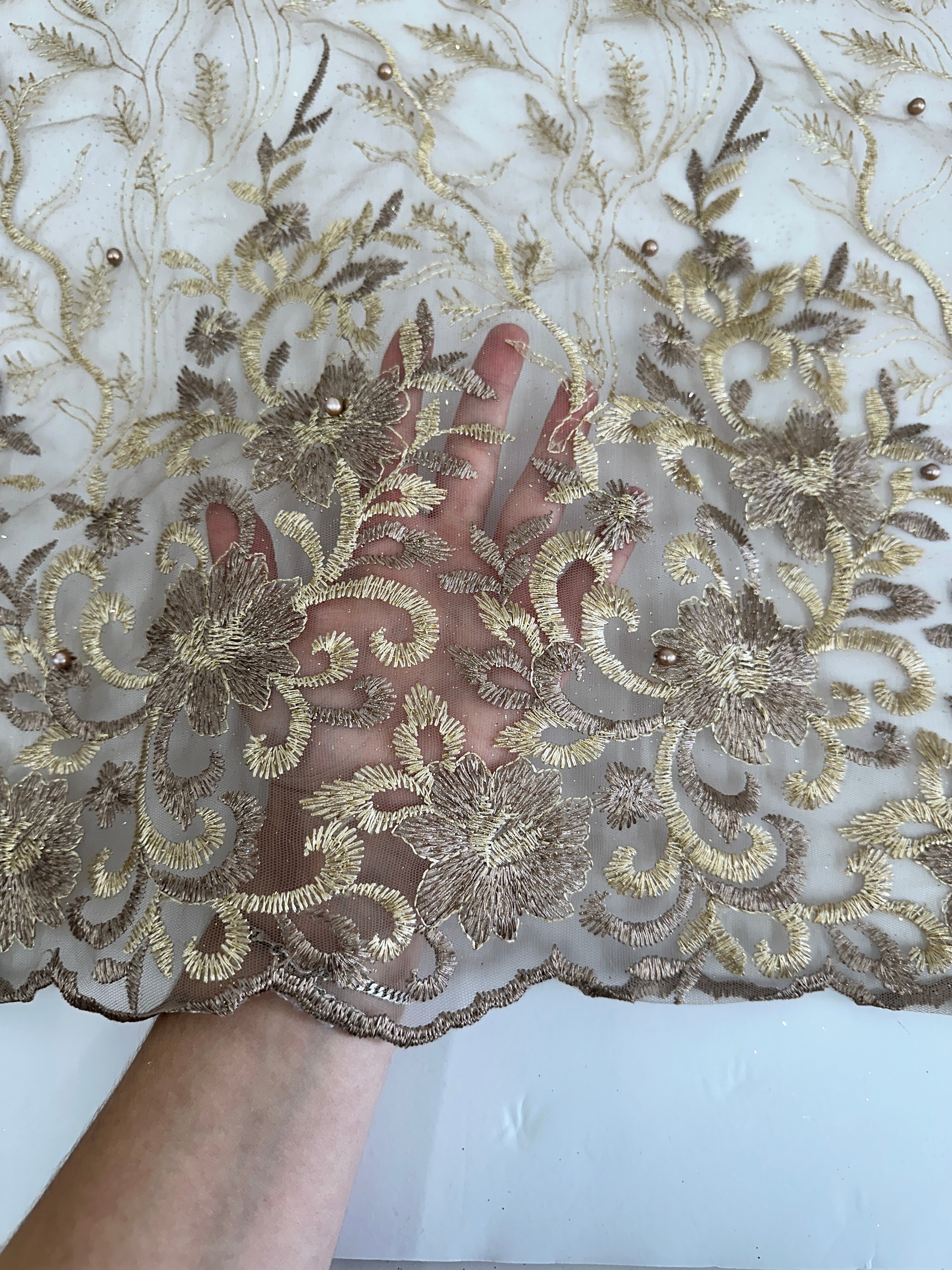 Gold-Khaki Embroidered Glitter Floral Scalloped Lace, Shop Fabrics Online, Sewing, Fabric Store, Sewing Store, Cheap Fabric Store, Kiki Textiles, Textile by the Yard