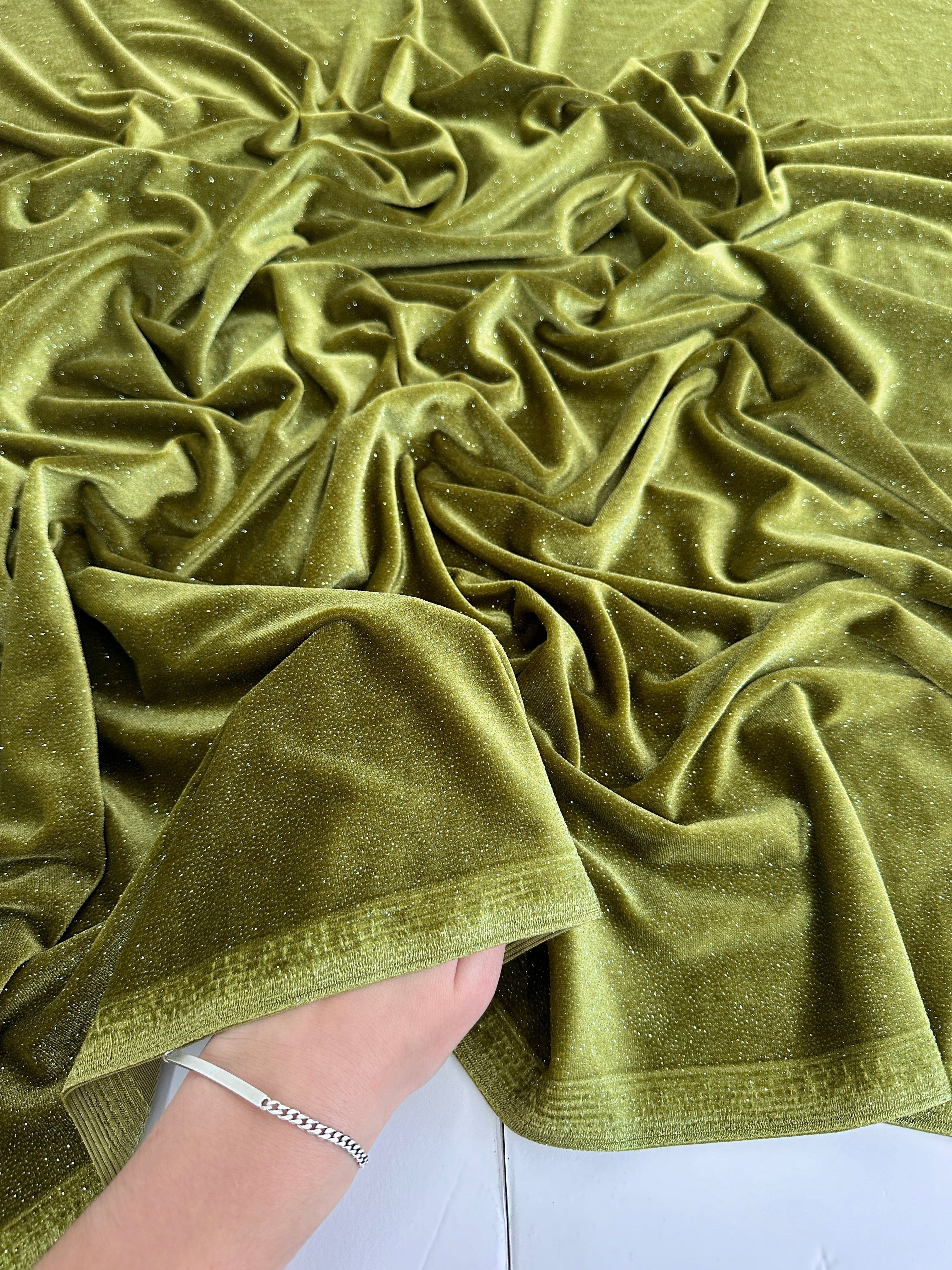 Olive Shimmery Stretch Velvet, Velvet Material, Velvet Fabric, Velour Fabric Sale, Velvet Fabric Online, Stretch Velvet Spandex, Plush Velvet