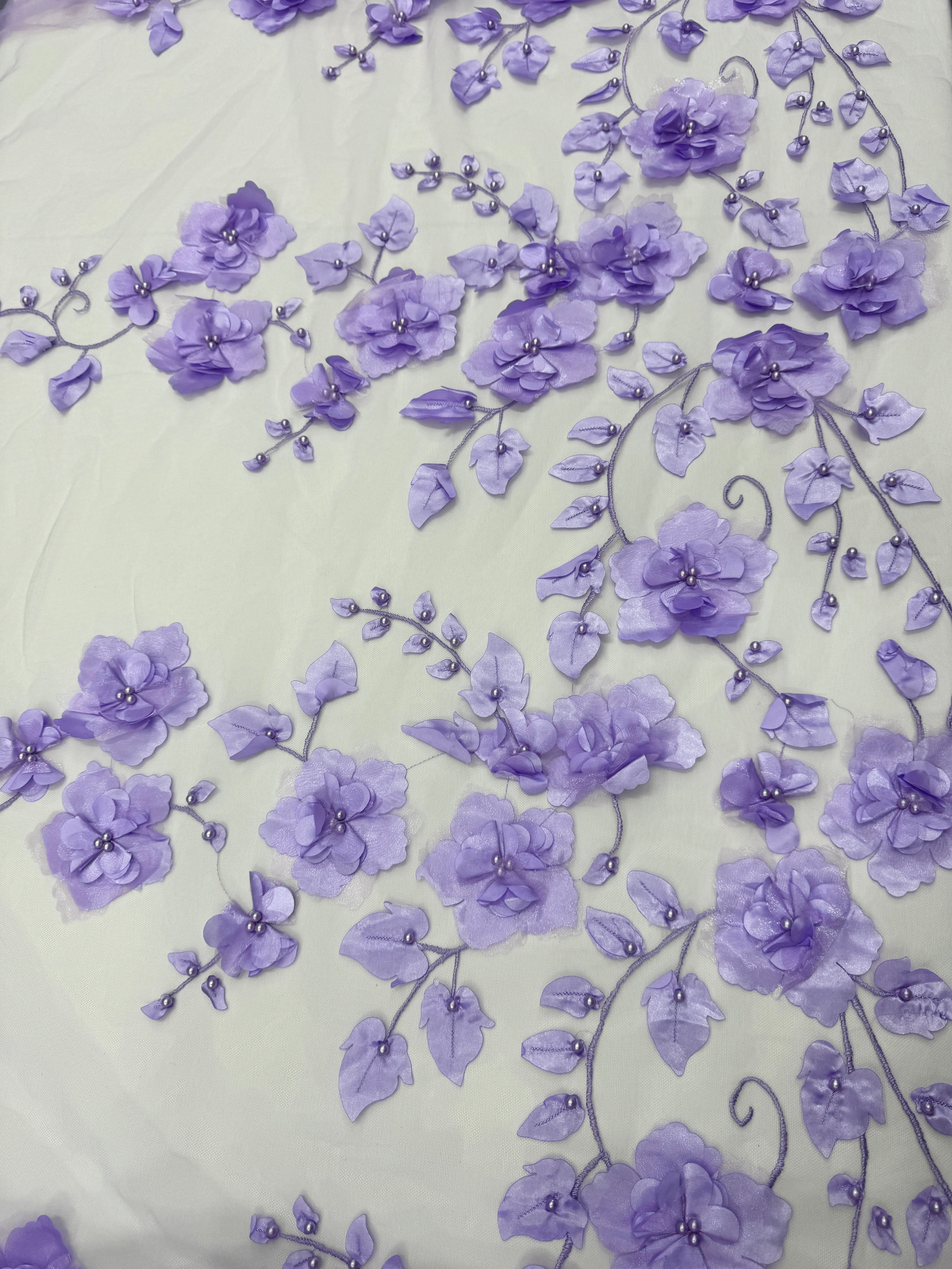 Lavender 3D Flower Beaded Lace Mesh, shop fabrics online, sewing, fabric store, sewing store, cheap fabric store, kiki textiles, textile by the yard