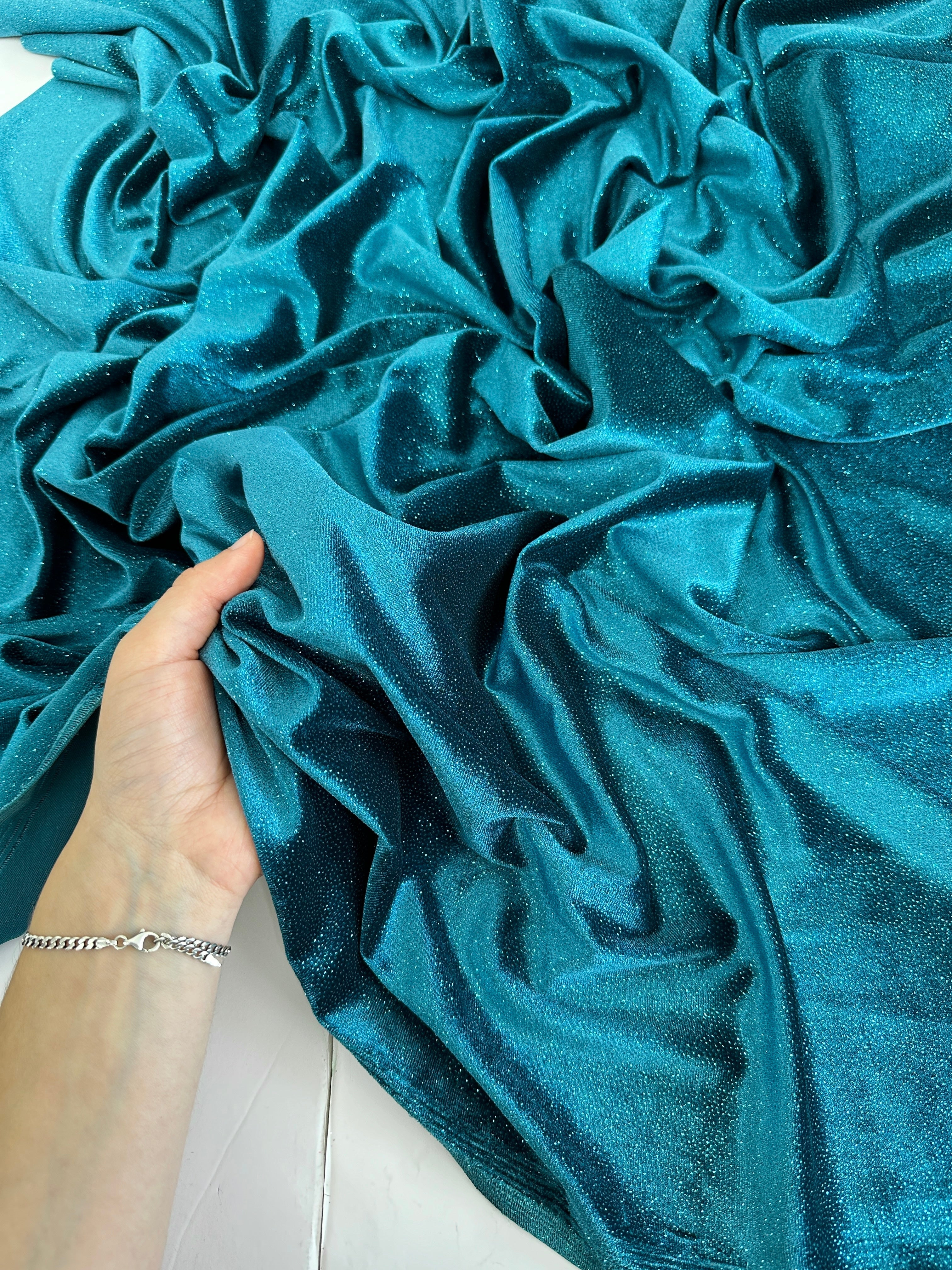 Teal Blue Shimmery Stretch Velvet, shop fabrics online, sewing, fabric store, sewing store, cheap fabric store, kiki textiles, textile by the yard