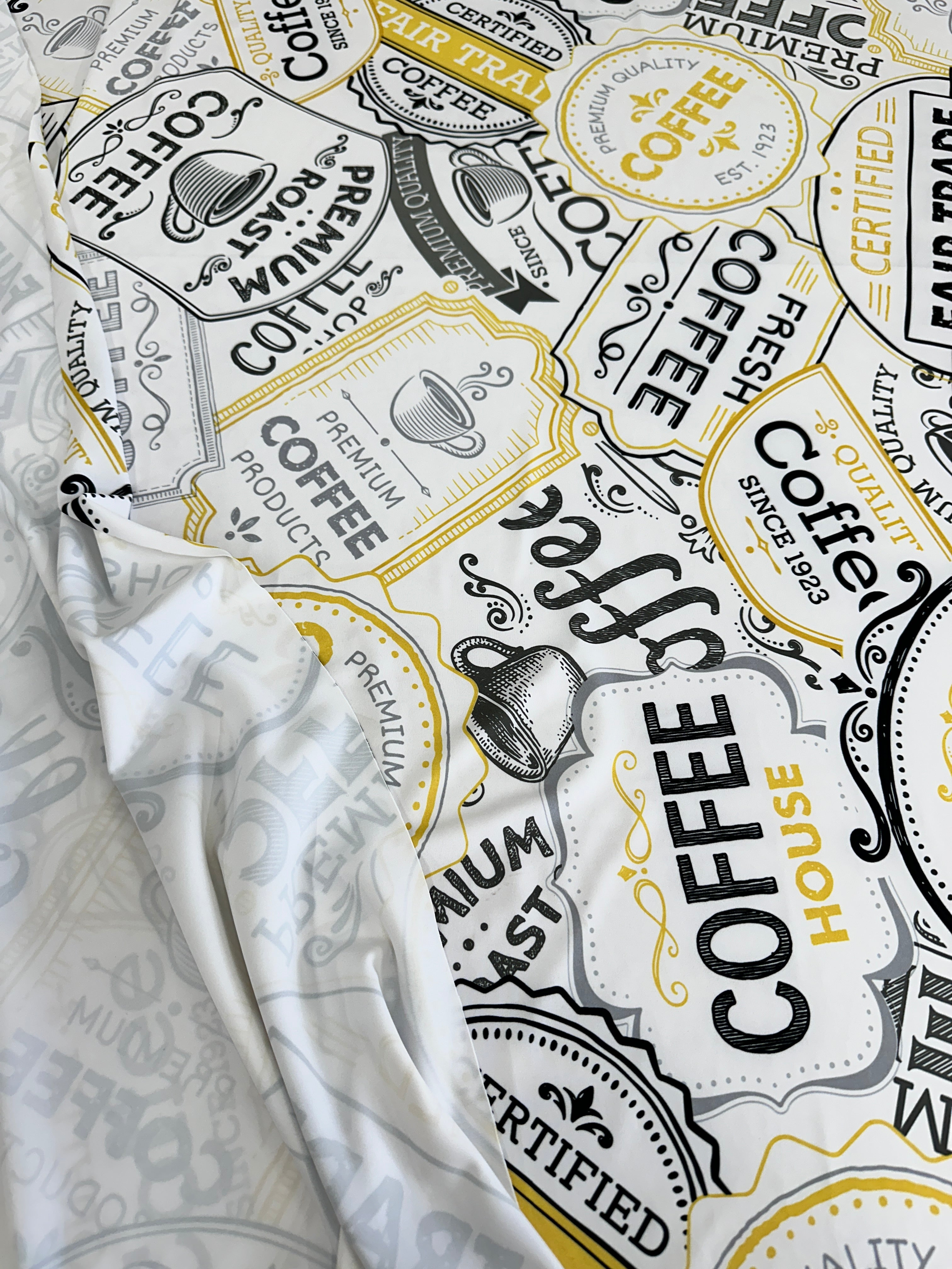 White Coffee Print Nylon Spandex, White Spandex, Nylon Spandex, Shiny Spandex,Stretch Fabric, 4 way stretch fabric, Fabric on Sale, Activewear Fabric, Polyester Fabric