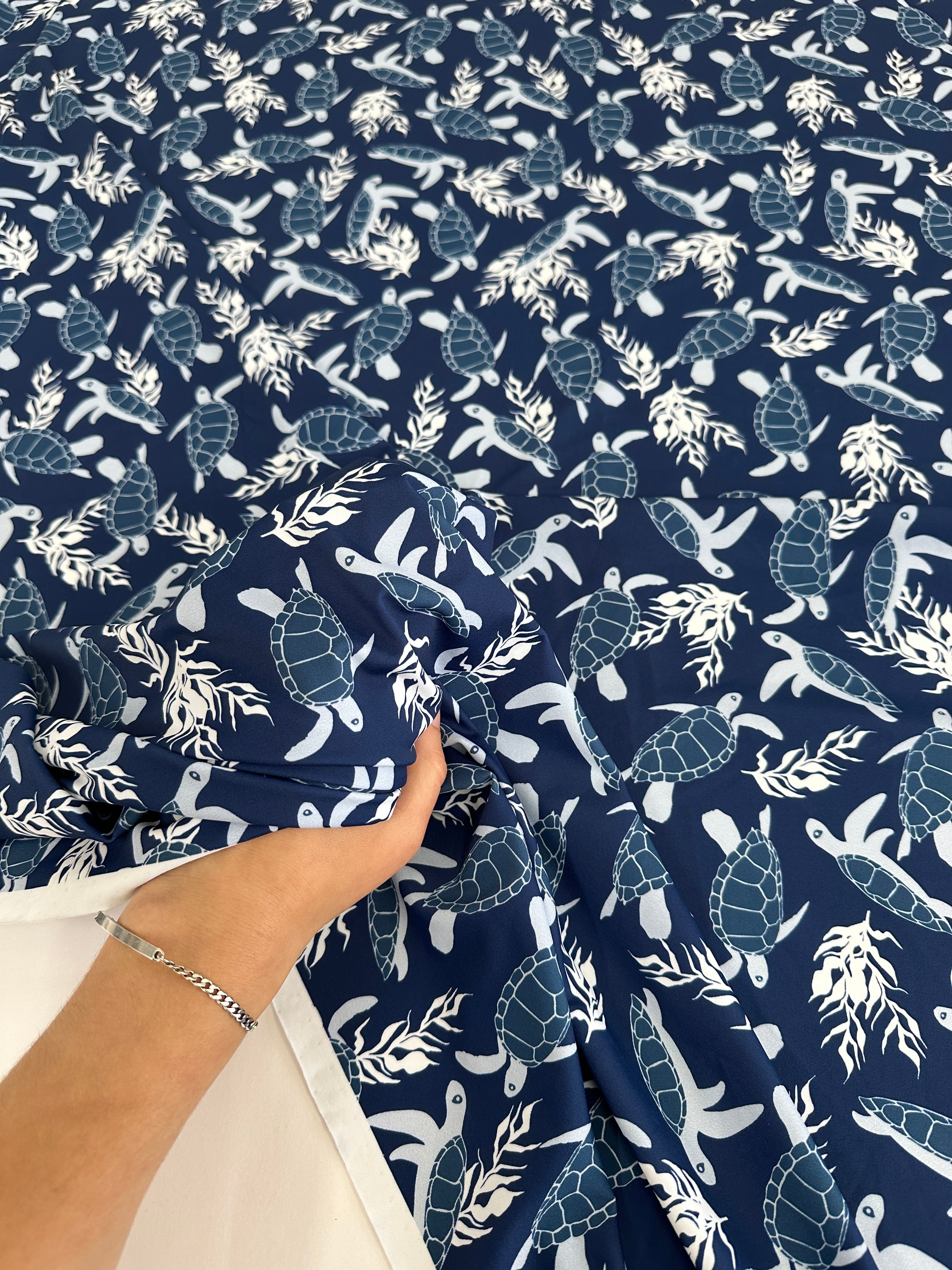 Navy Turtle Print Nylon Spandex, online textile store, sewing, fabric store, sewing store, cheap fabric store, kiki textiles