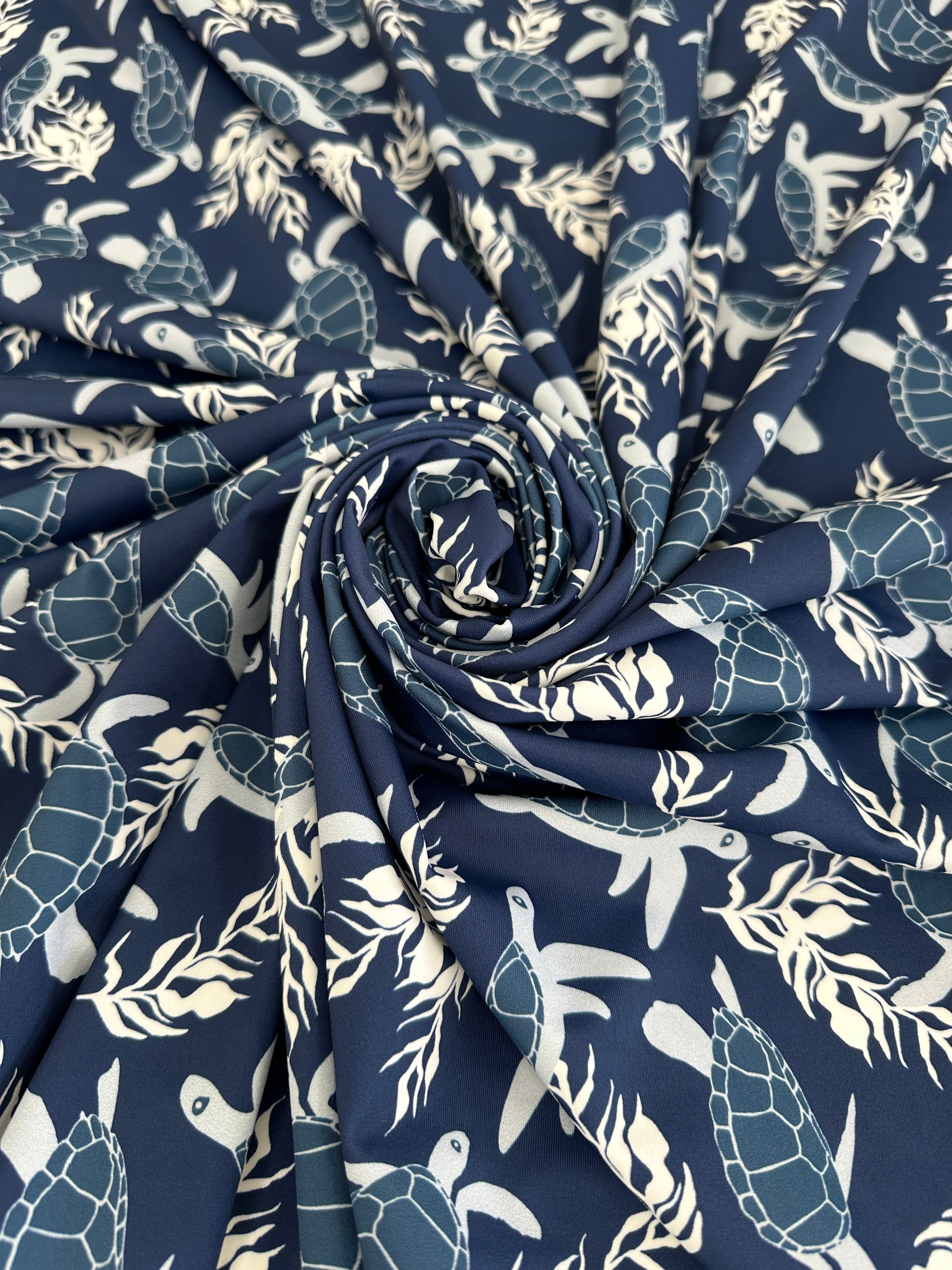 Navy Turtle Print Nylon Spandex, online textile store, sewing, fabric store, sewing store, cheap fabric store, kiki textiles