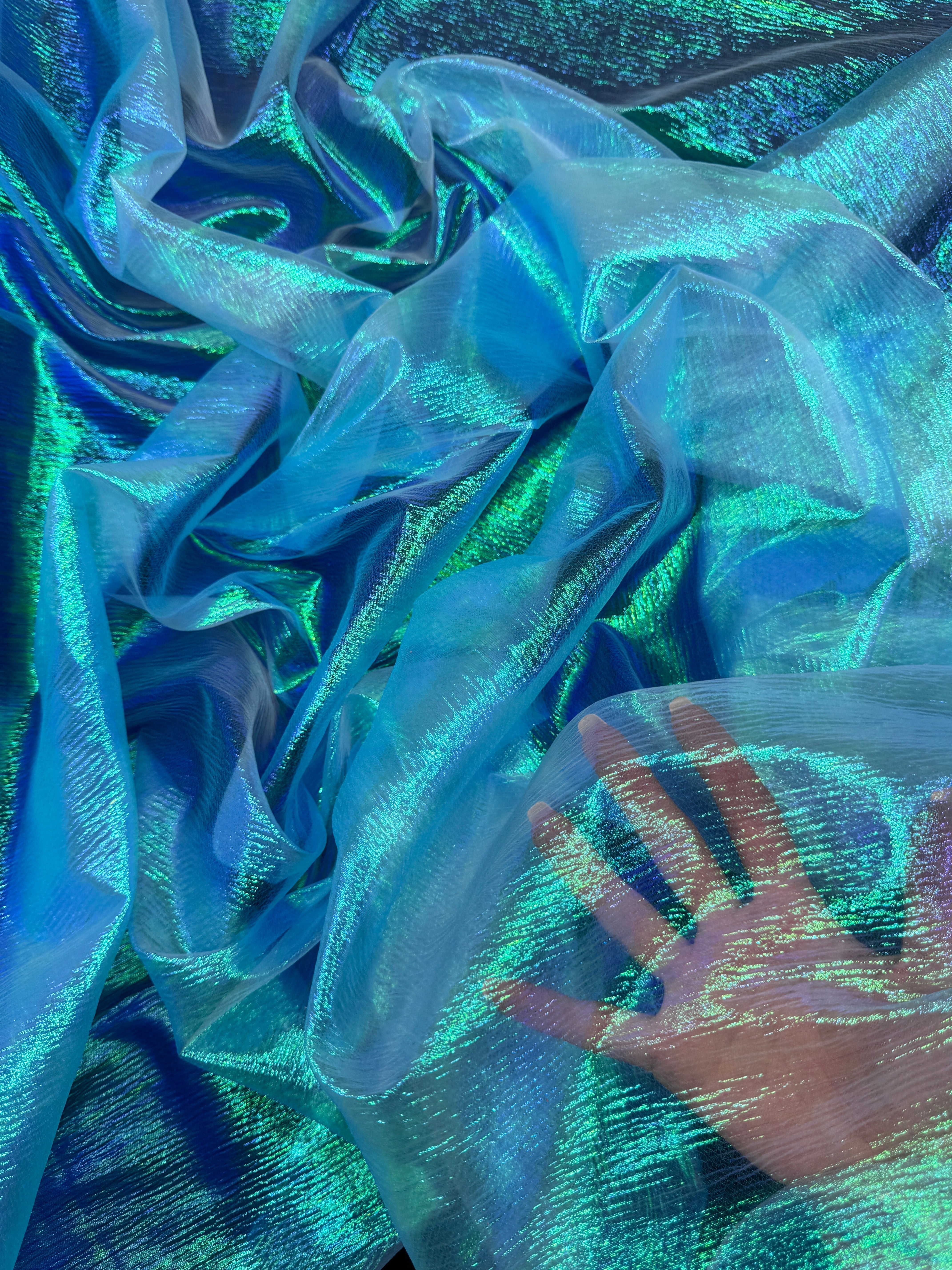 Turquoise Iridescent Crushed Organza, shop fabrics online, sewing, fabric store, sewing store, cheap fabric store, kiki textiles, textile by the yard