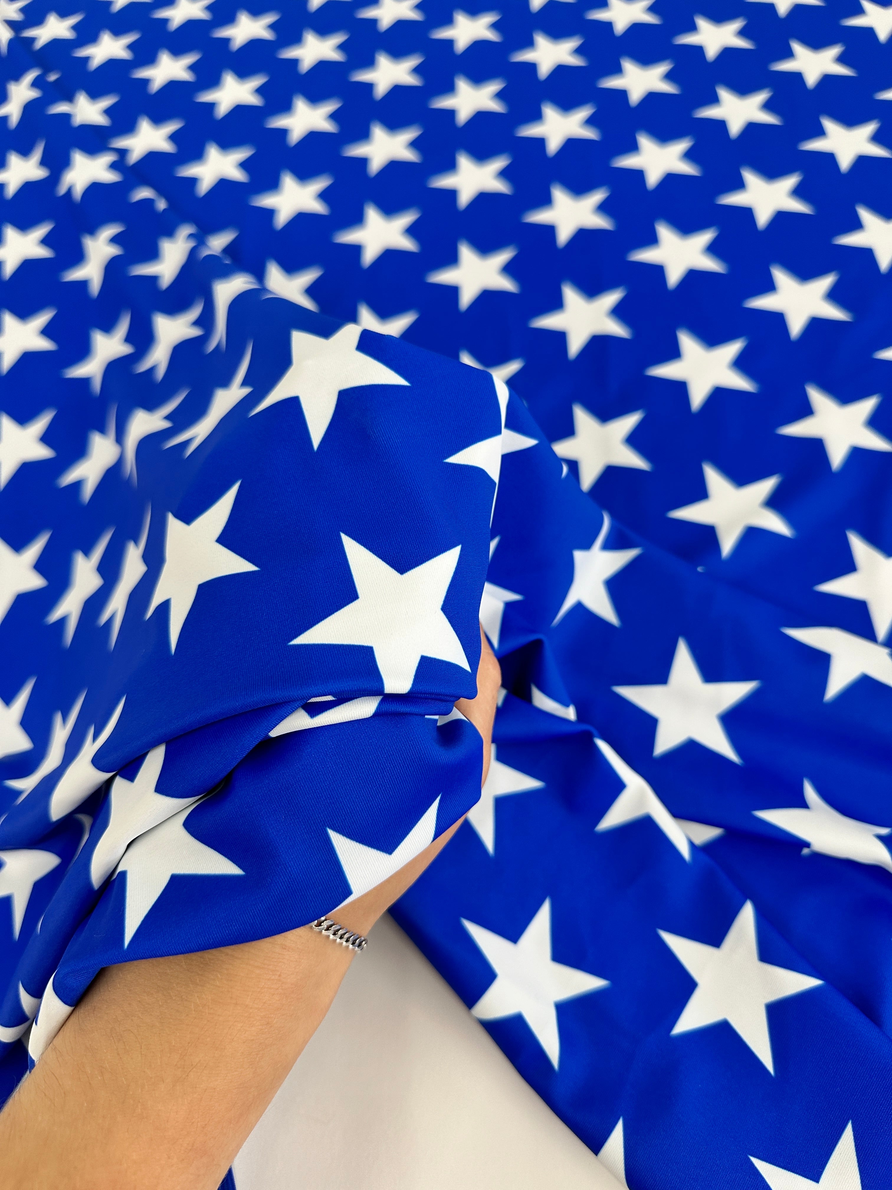 Royal Blue Star Print Nylon Spandex, online textile store, sewing, fabric store, sewing store, cheap fabric store, kiki textiles