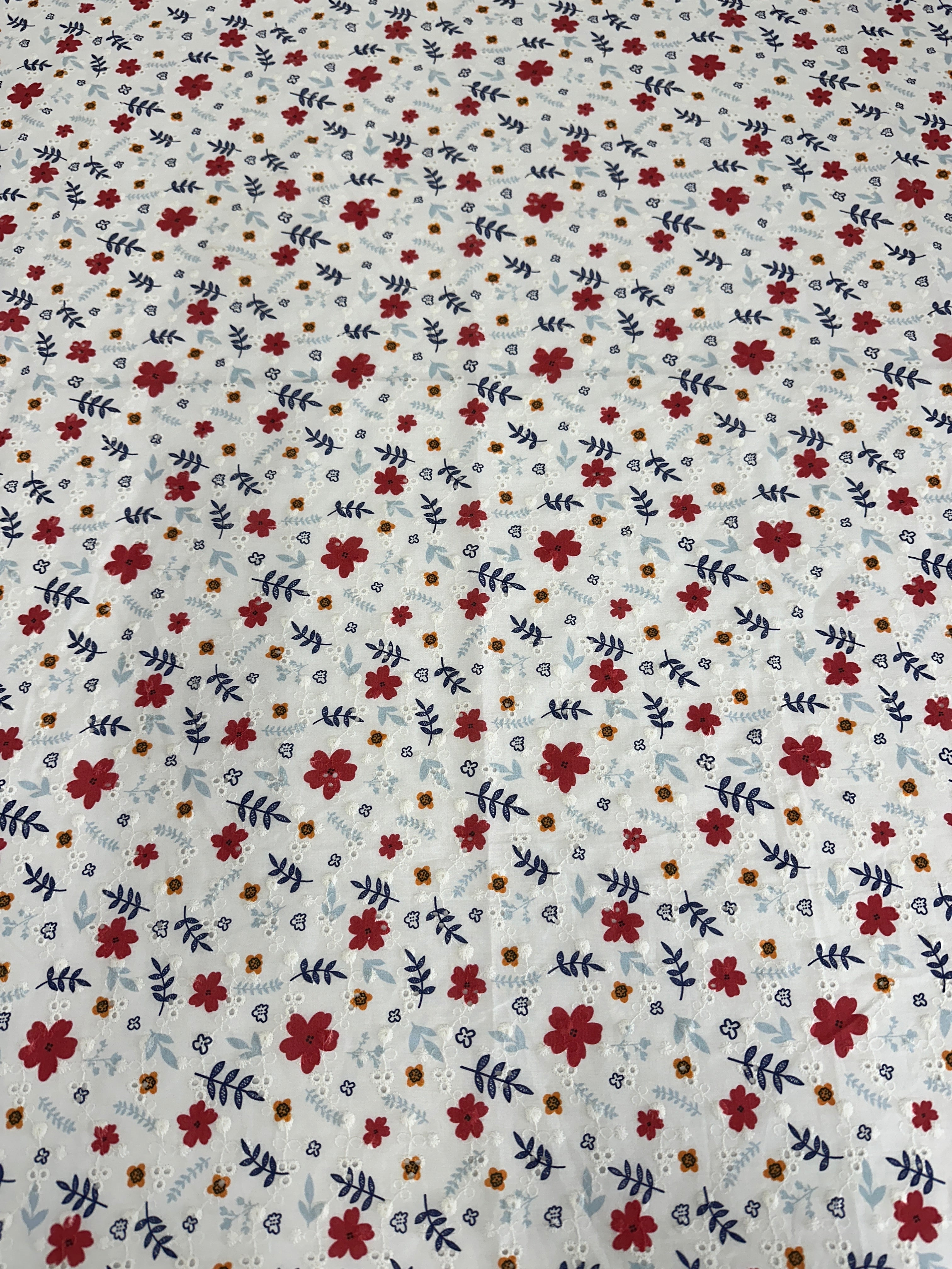 White-Red Flower Embroidered Cotton Eyelet, Organic cotton, Breathable fabric, Lightweight fabric, Fair trade cotton, Cotton yarn, eyelet fabric, Cotton fashion