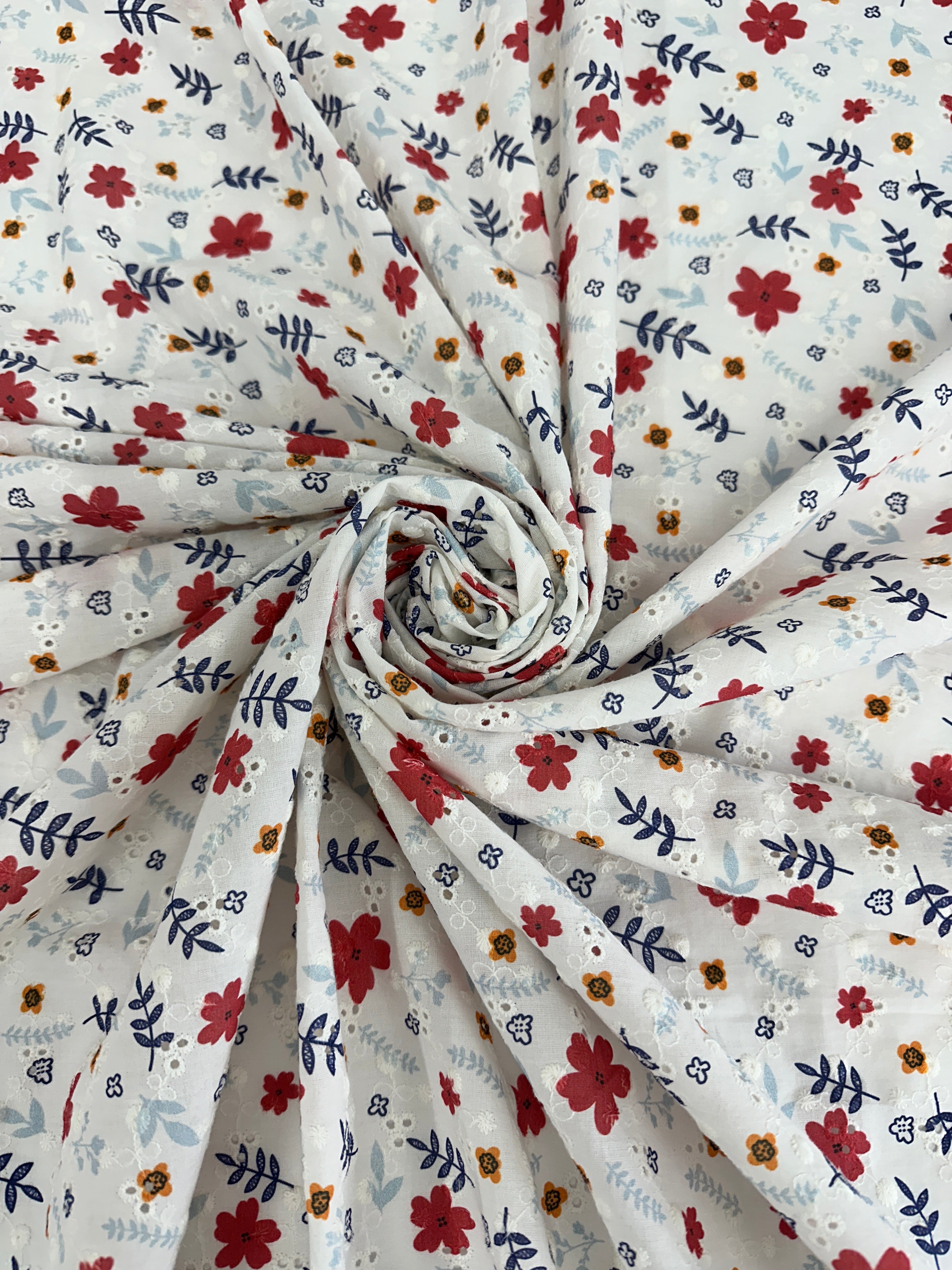 White-Red Flower Embroidered Cotton Eyelet, shop fabrics online, sewing, fabric store, sewing store, cheap fabric store, kiki textiles, textile by the yard