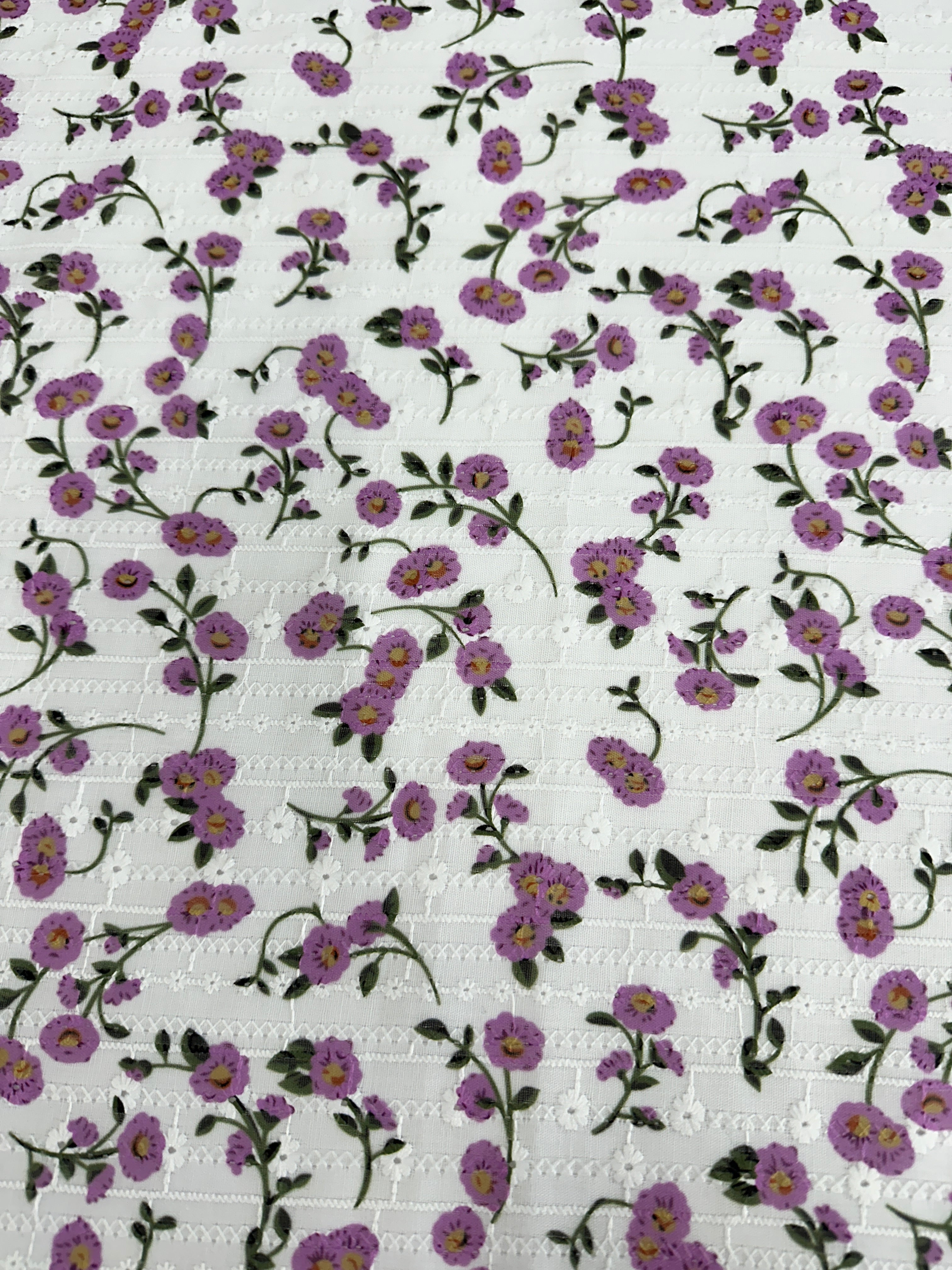 White-Lavender Flower Embroidered Cotton Eyelet, shop fabrics online, sewing, fabric store, sewing store, cheap fabric store, kiki textiles, textile by the yard