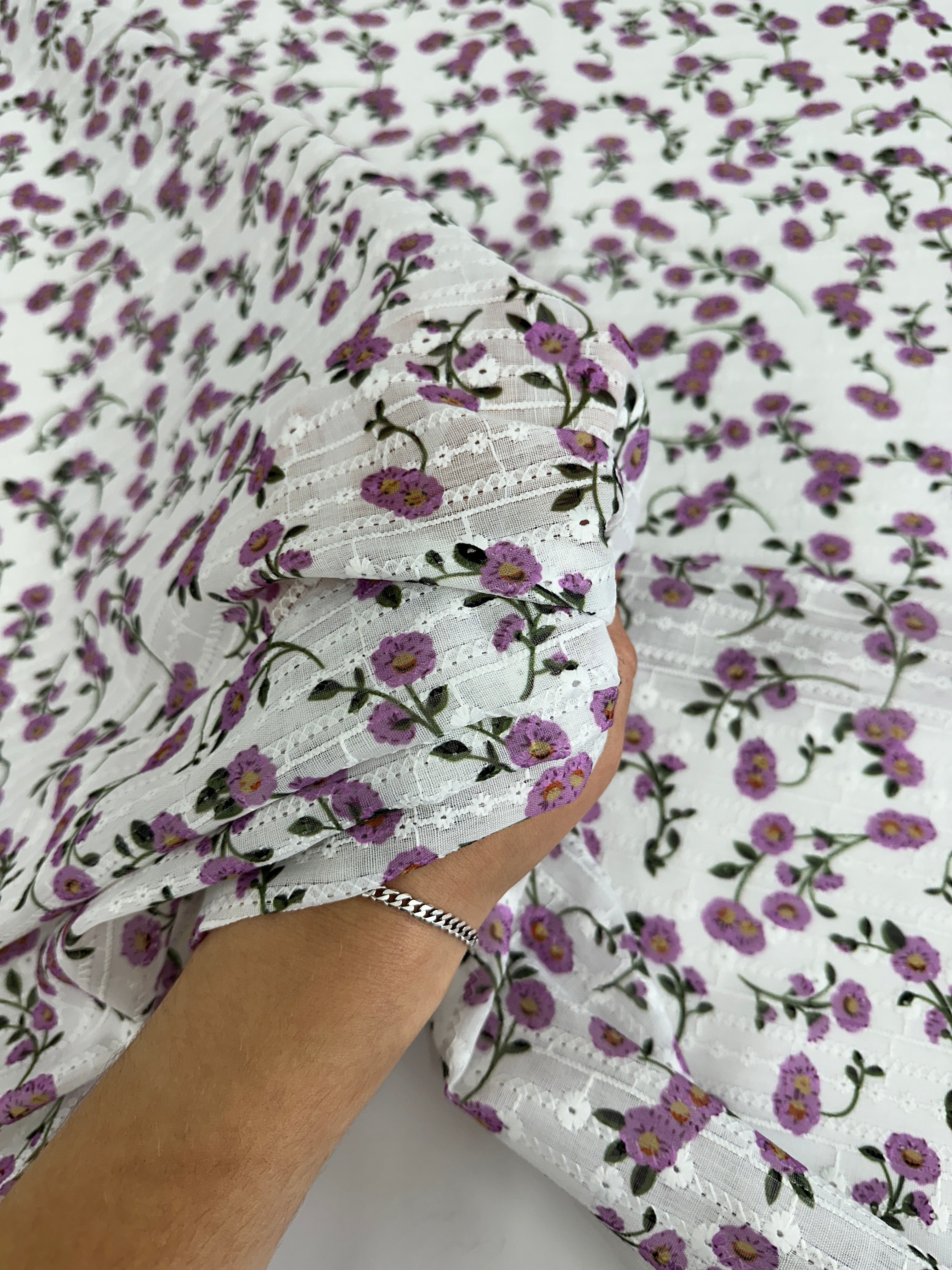 White-Lavender Flower Embroidered Cotton Eyelet, shop fabrics online, sewing, fabric store, sewing store, cheap fabric store, kiki textiles, textile by the yard