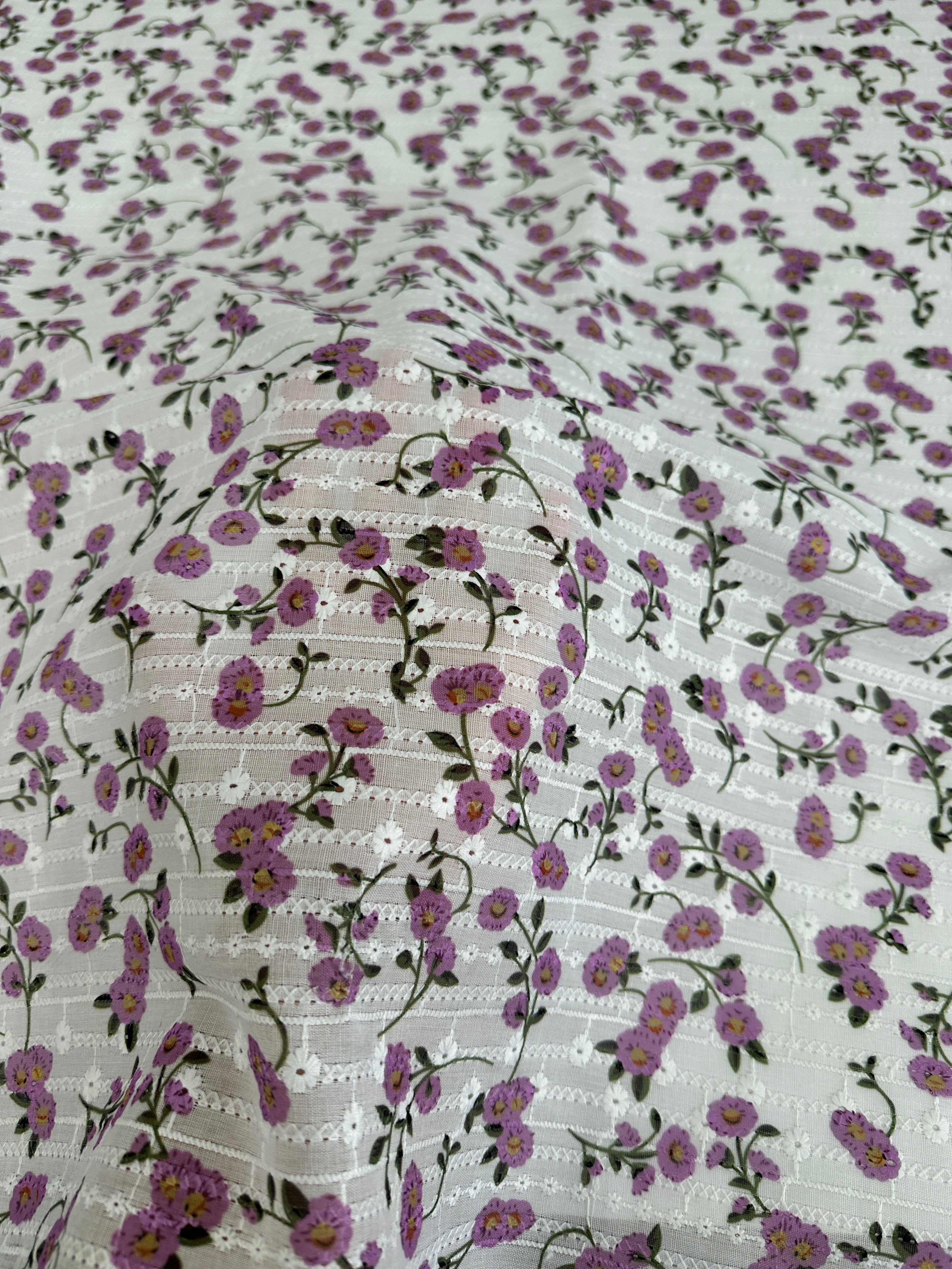 White-Lavender Flower Embroidered Cotton Eyelet, shop fabrics online, sewing, fabric store, sewing store, cheap fabric store, kiki textiles, textile by the yard