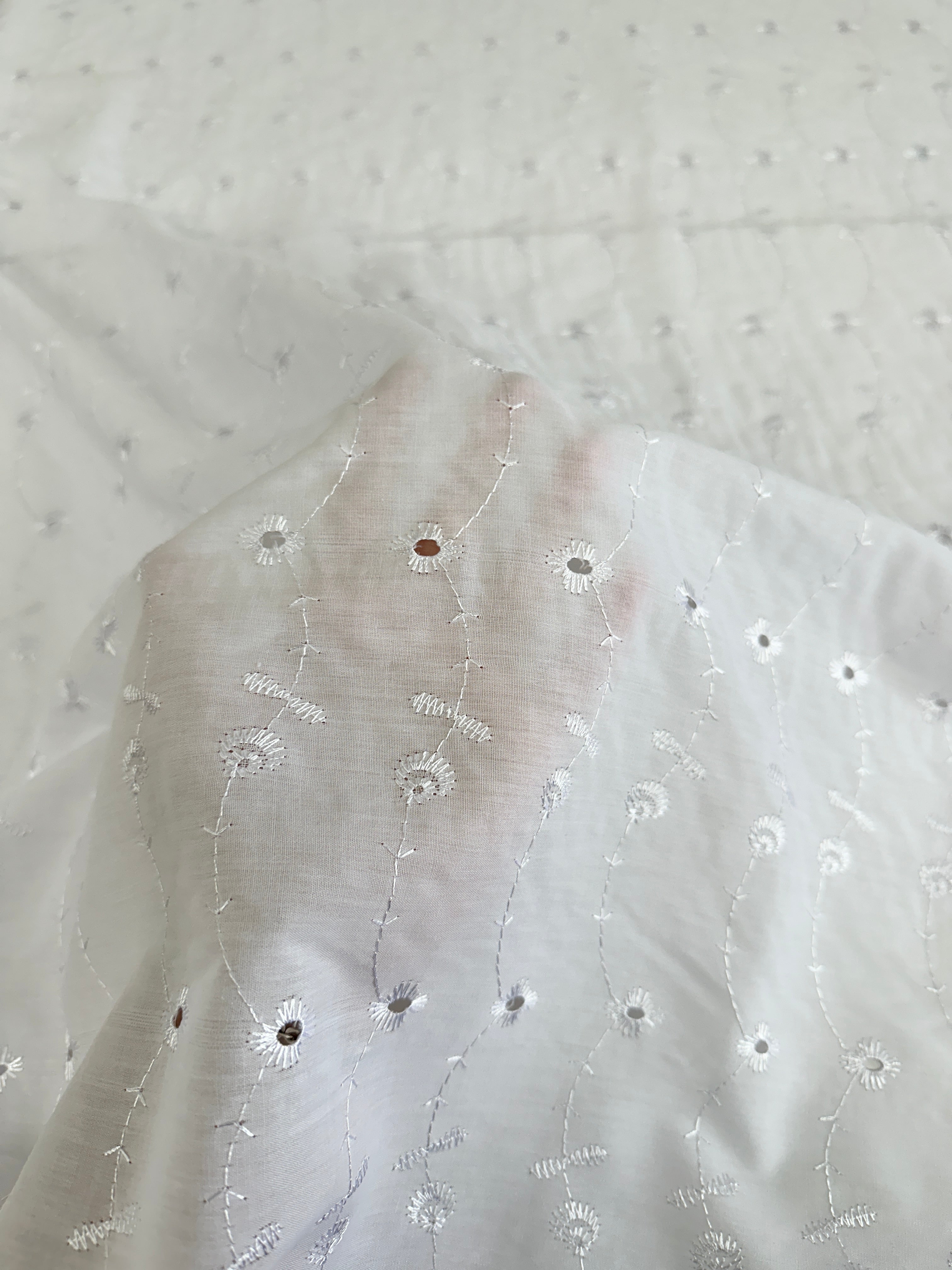 White Dainty Cotton Embroidered Eyelet, shop fabrics online, sewing, fabric store, sewing store, cheap fabric store, kiki textiles, textile by the yard