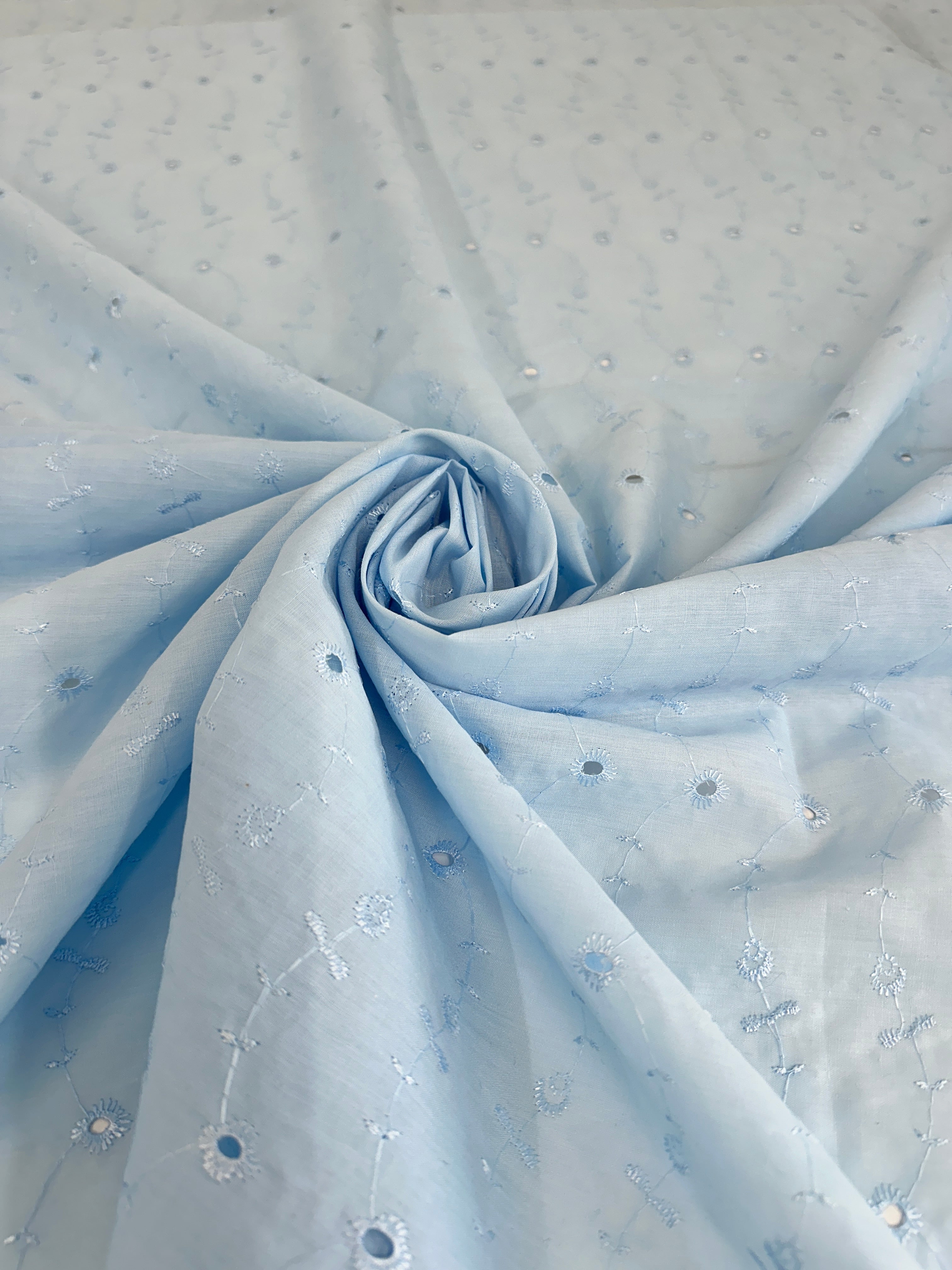 Baby Blue Dainty Floral Embroidered Cotton Eyelet, shop fabrics online, sewing, fabric store, sewing store, cheap fabric store, kiki textiles, textile by the yard