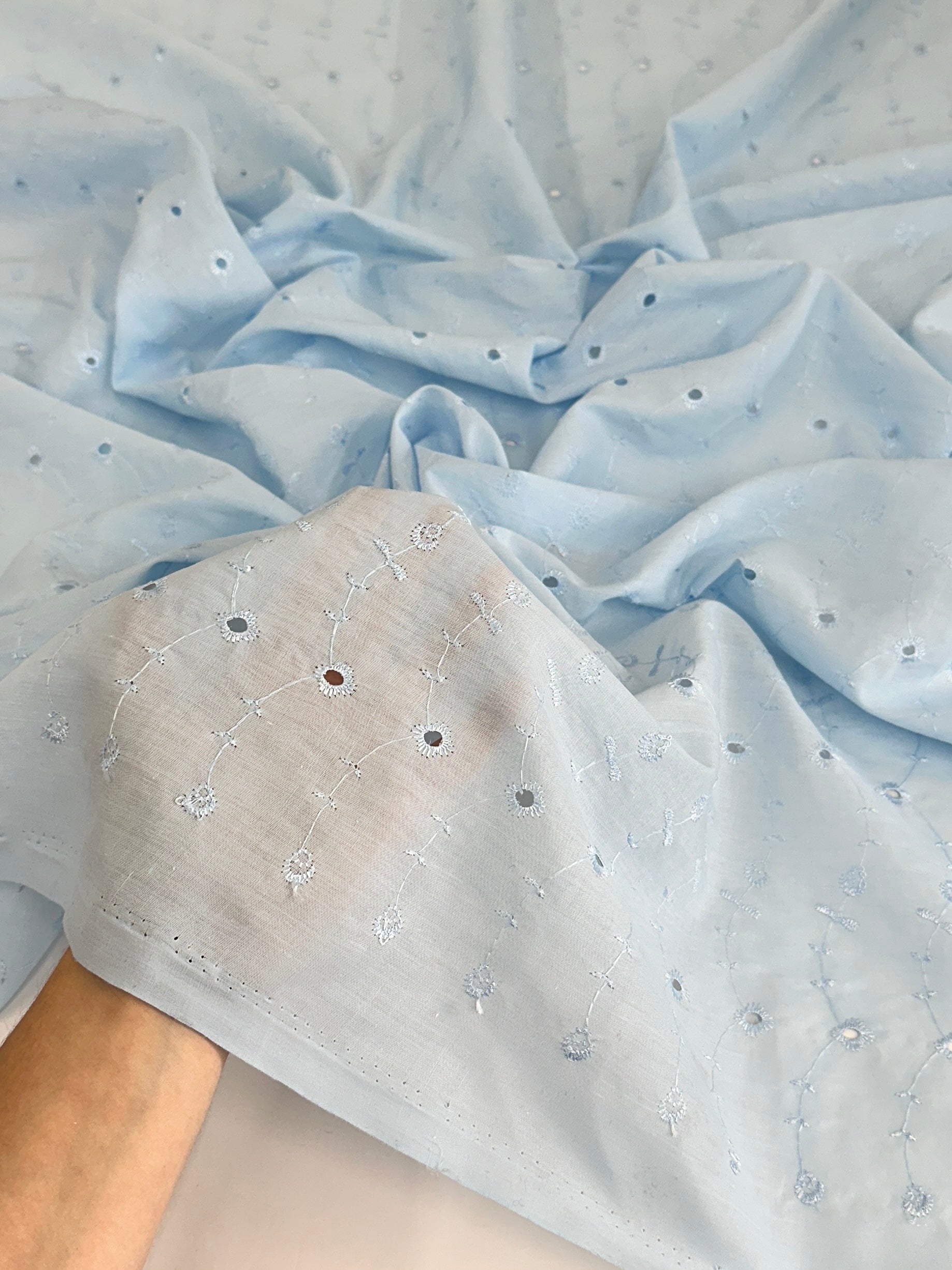 Baby Blue Dainty Floral Embroidered Cotton Eyelet, shop fabrics online, sewing, fabric store, sewing store, cheap fabric store, kiki textiles, textile by the yard