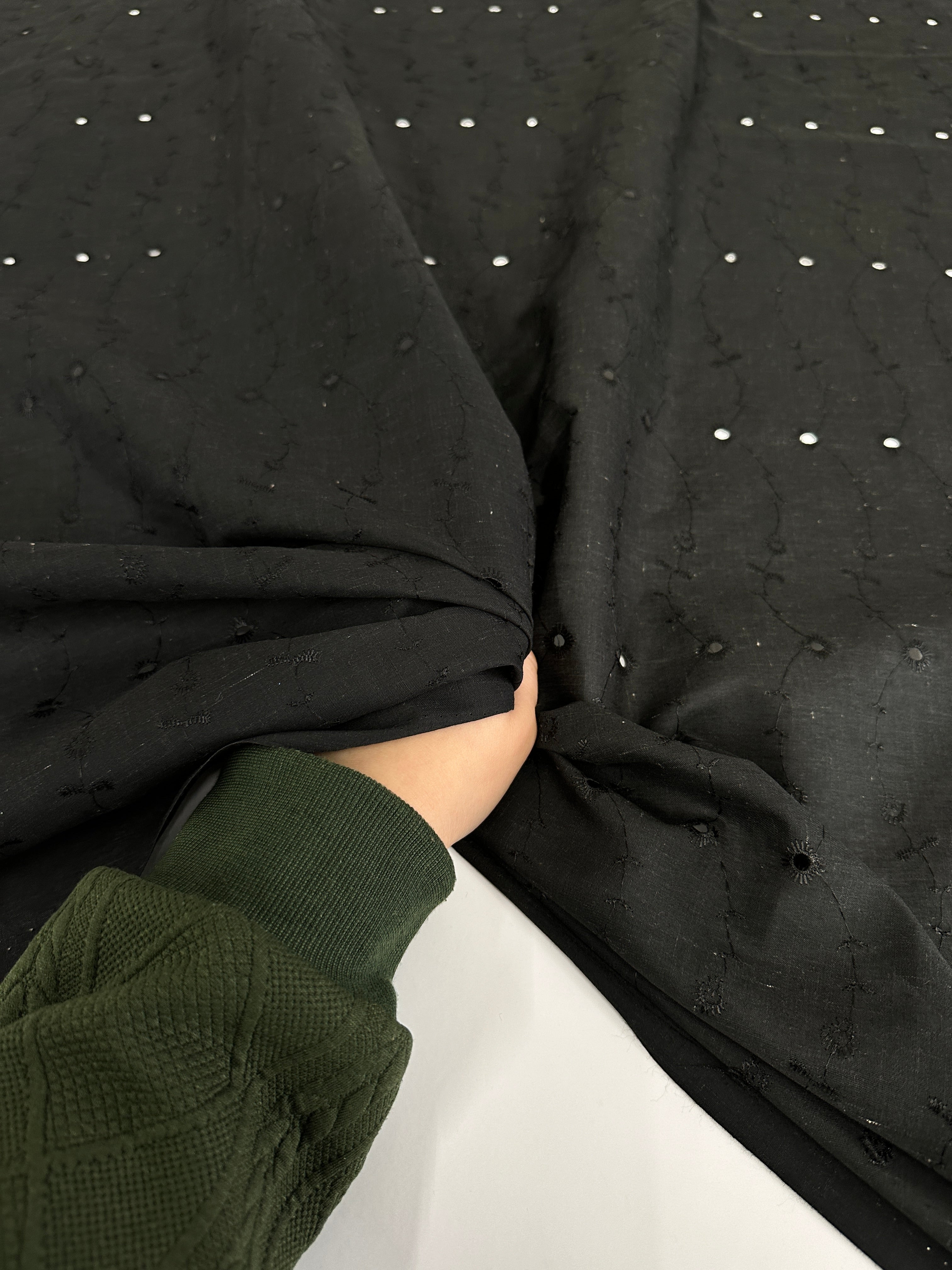 Black Dainty Embroidered Cotton Eyelet, Organic cotton, Breathable fabric, Lightweight fabric, Fair trade cotton, Cotton yarn, eyelet fabric, Cotton fashion