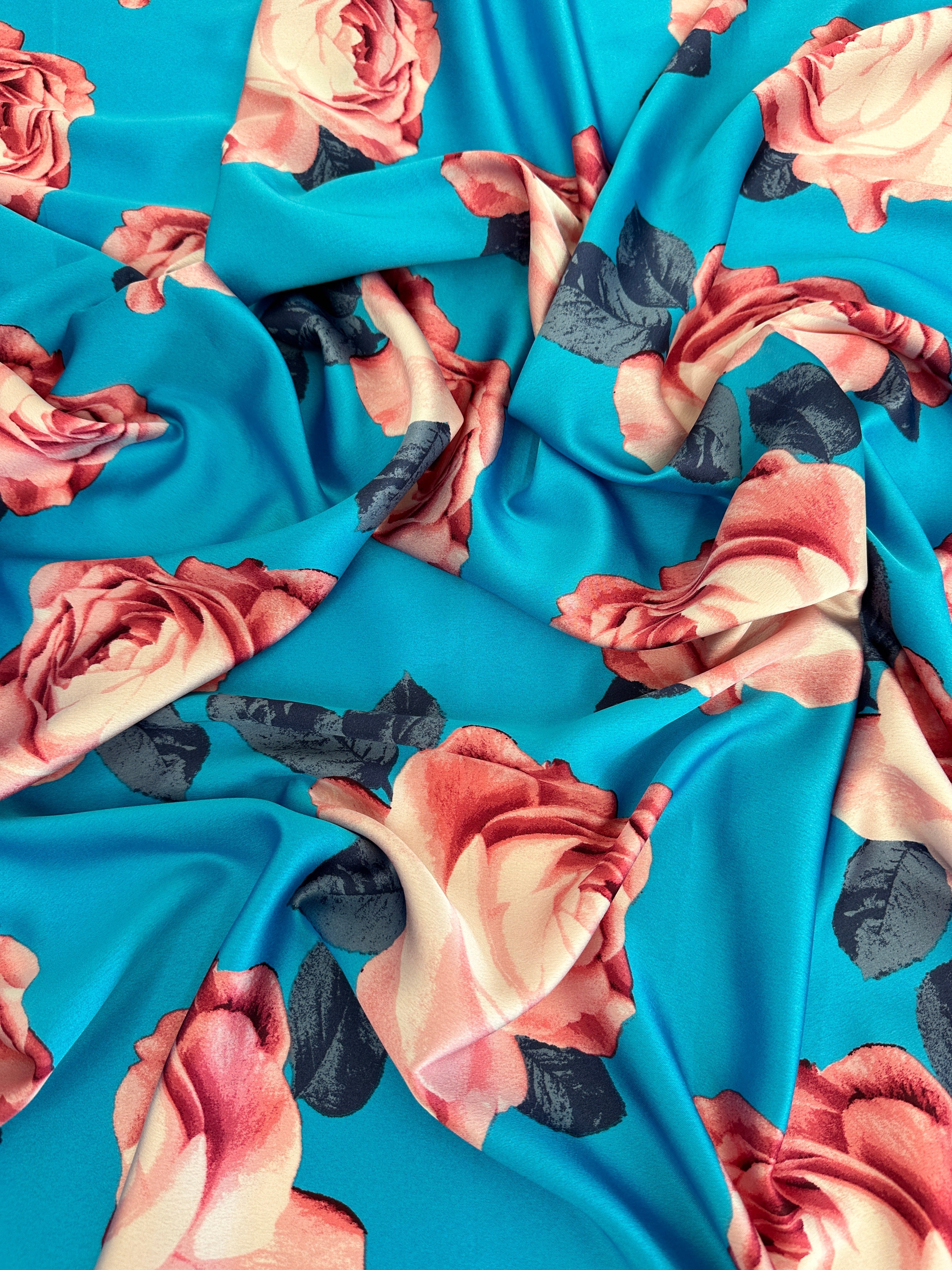 Aqua Blue Floral Print Satin, Luxury Satin, Printed Satin, Premium Satin, Satin for Bride, Satin for Women, Satin in Low Price, Cheap Satin, Satin on Sale