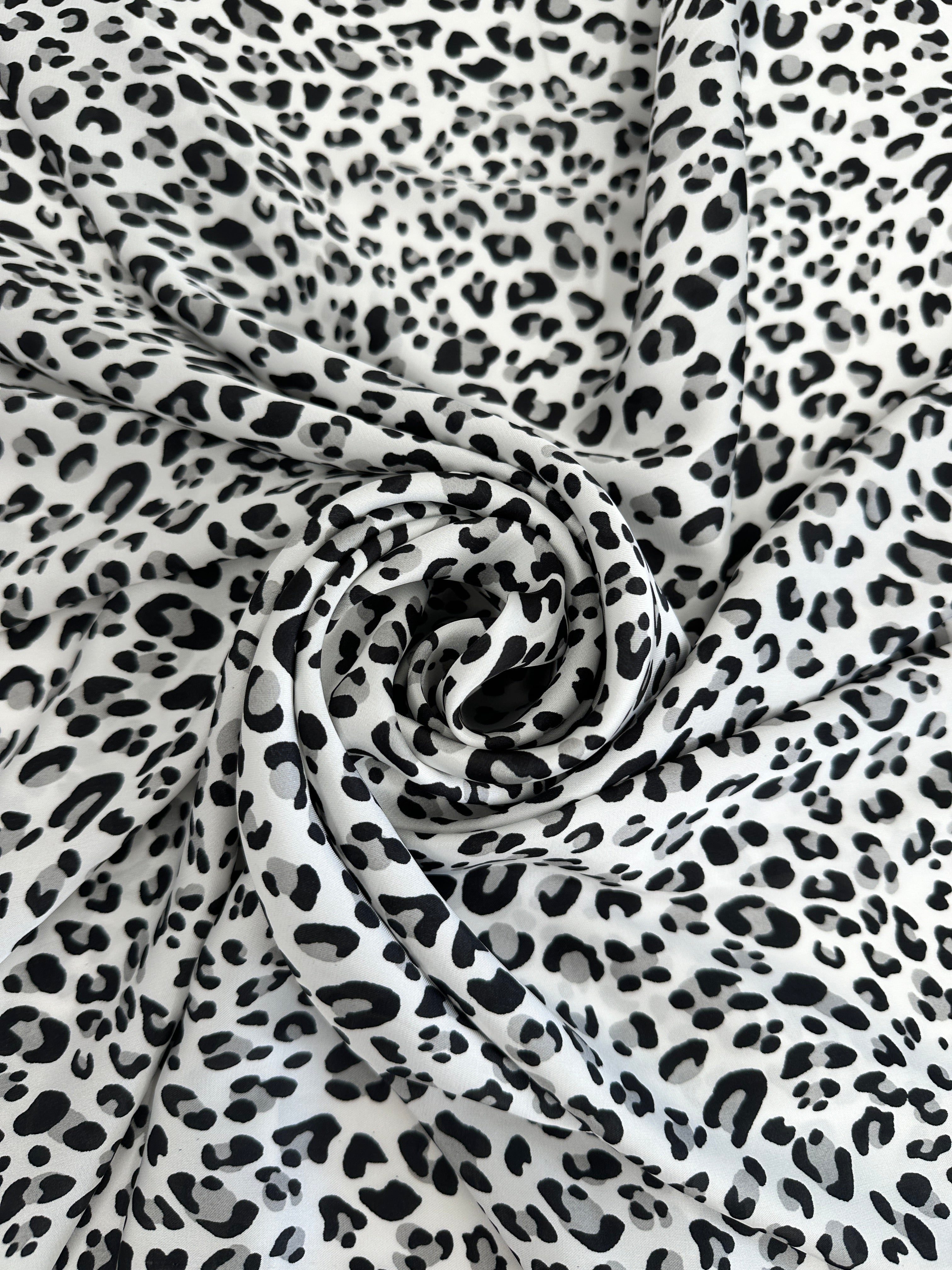 Black/White Leopard Print Satin, Luxury Satin, Cheap Satin, Premium Stretch Crepe Back Satin, Satin for Bride, Satin for Women, Satin in Low Price, Cheap Satin, Satin on Sale