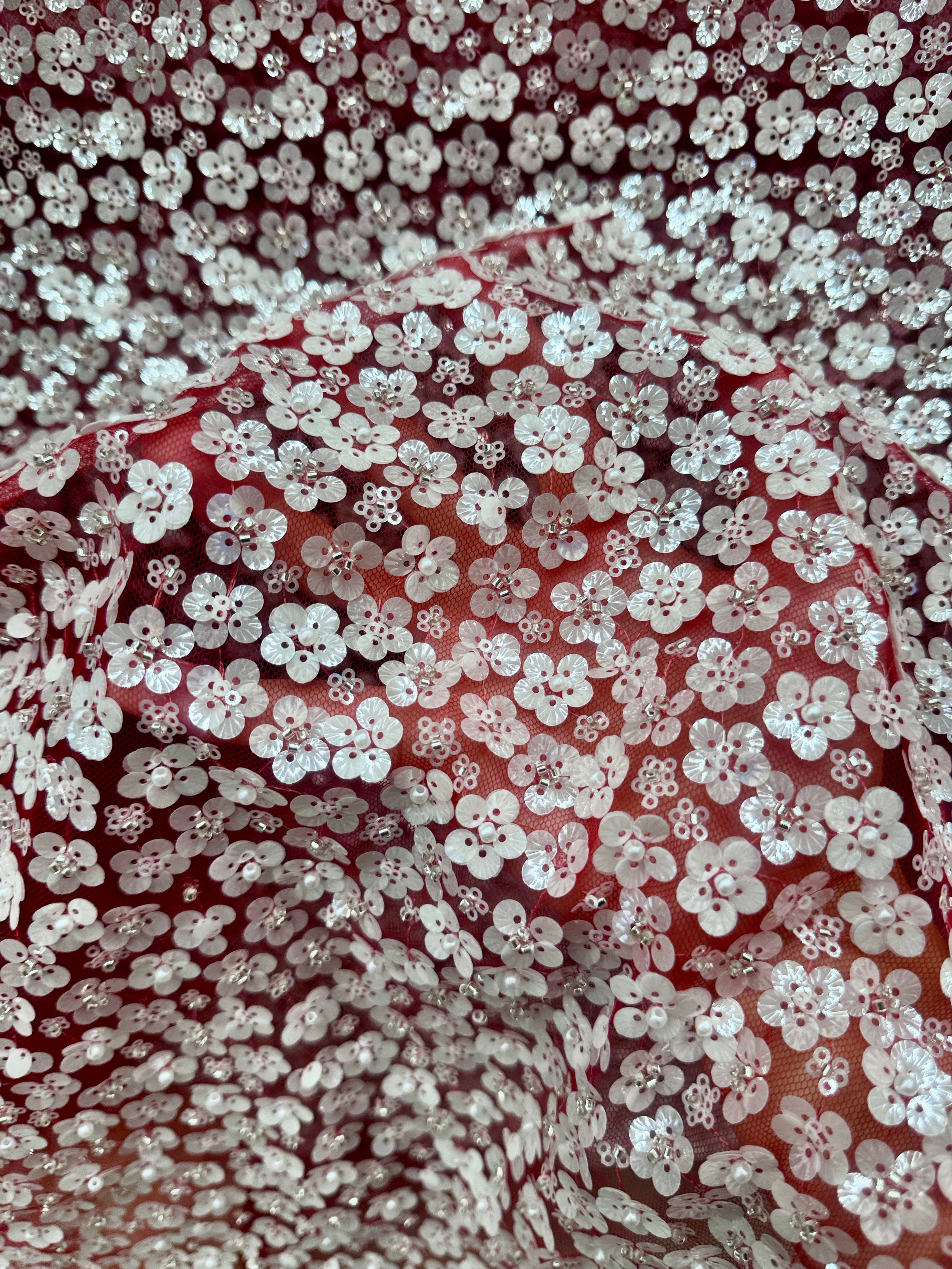 3D White Sequin Flowers on Red Mesh,online textile store, sewing, fabric store, sewing store, cheap fabric store, kiki textiles