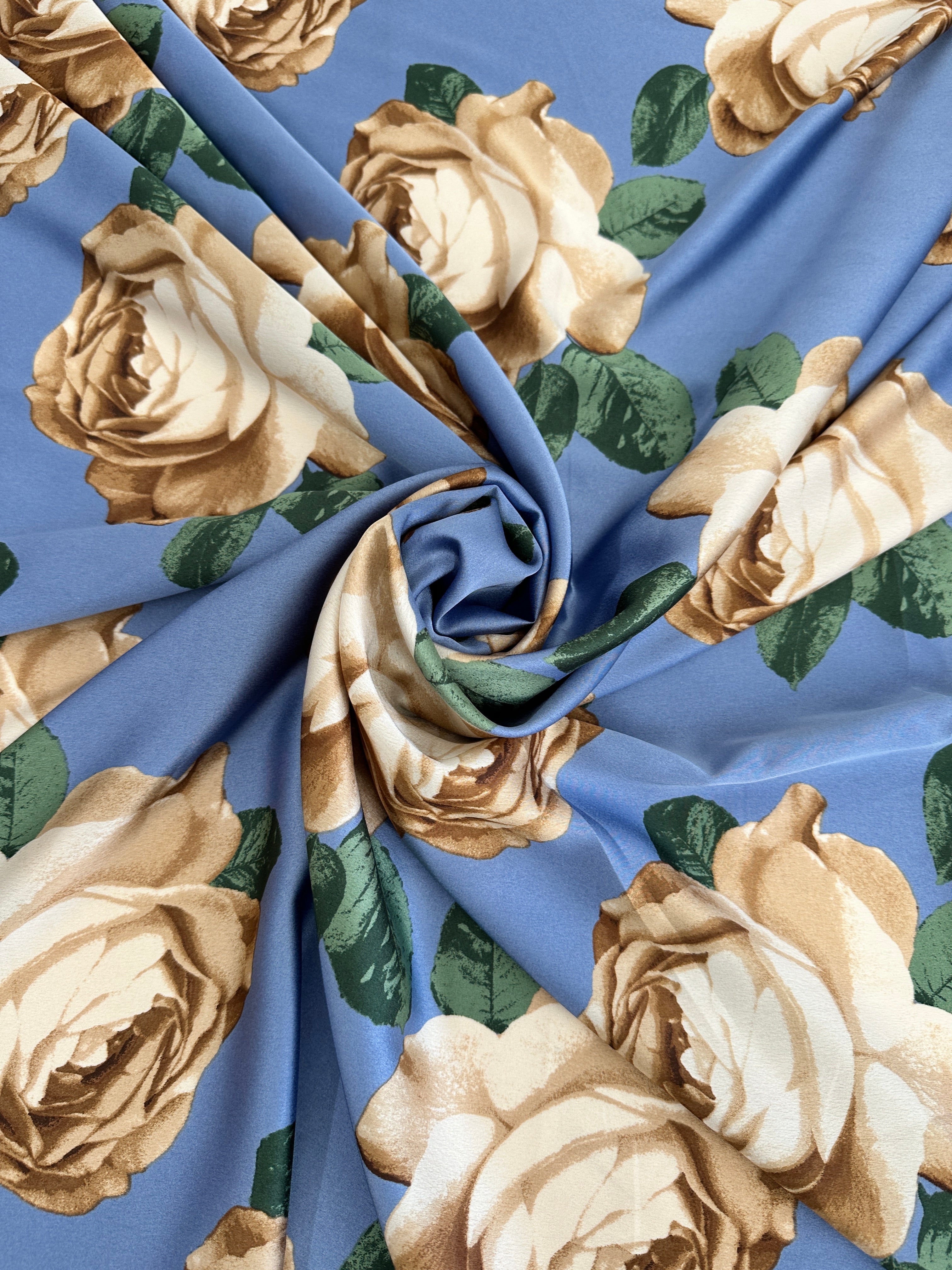 Blue/Gold Floral Print Satin, Luxury Satin, Printed Satin, Premium Satin, Satin for Bride, Satin for Women, Satin in Low Price, Cheap Satin, Satin on Sale