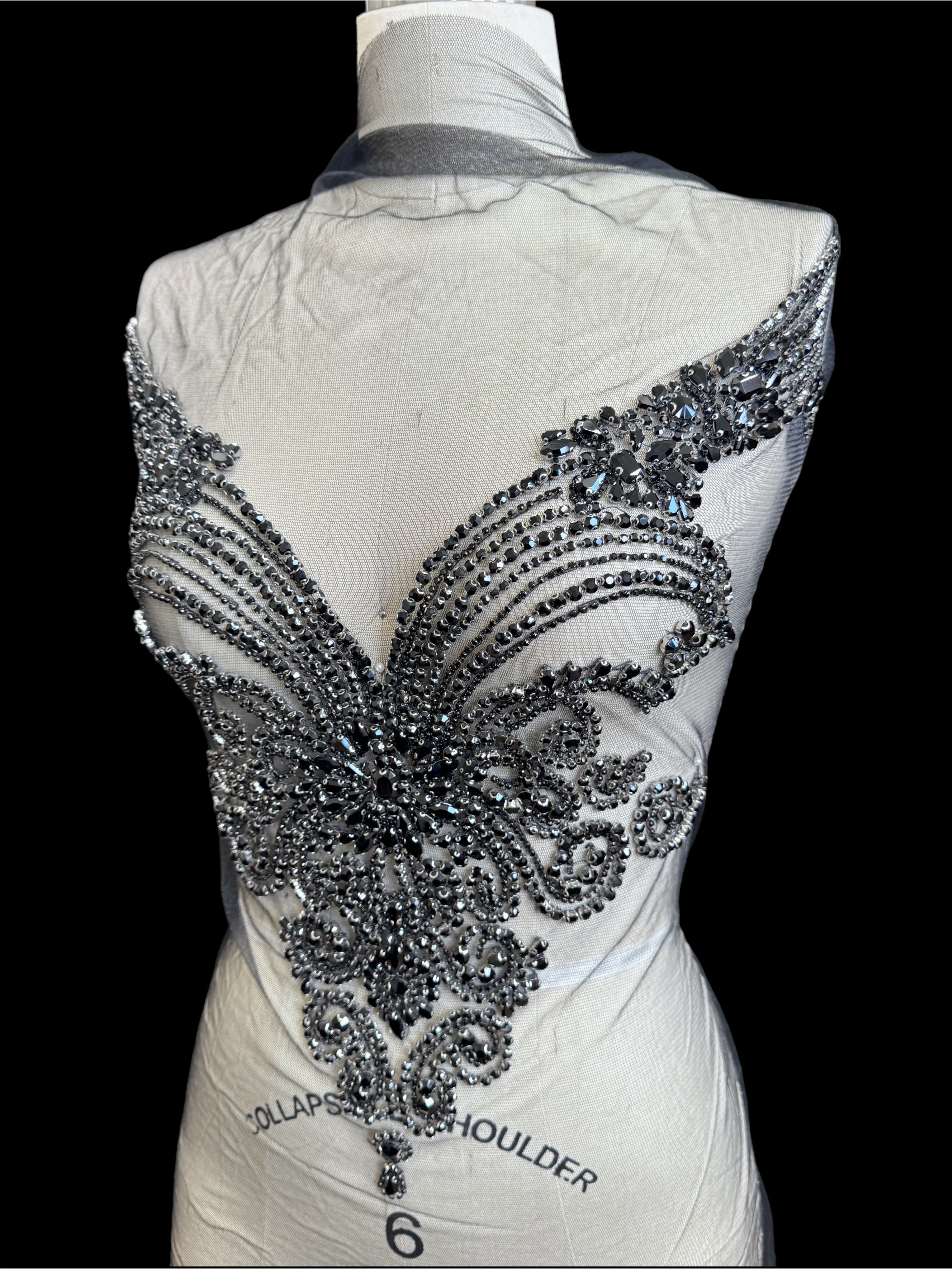 amy black Rhinestone Bodice Applique, black rhinestone, dark black rhinestone, dark gray rhinestone,