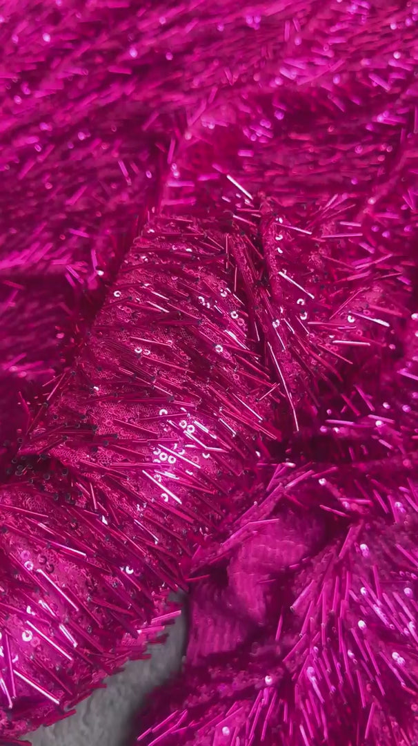 Fuchsia Fringe Sequin on Mesh, Fuchsia Sequin Mesh for woman, Fringe Sequin Mesh for bride, Non-Stretch Mesh on sale, Sequin Mesh on discount, sequin fabric online