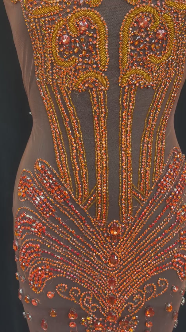 Eli Orange Rhinestone Bodice Appliqué, Orange Rhinestones Applique, Embellished clothing, Rhinestone applications, Rhinestone embroidery, Rhinestone patch, Dress patch, Rhinestones for dress