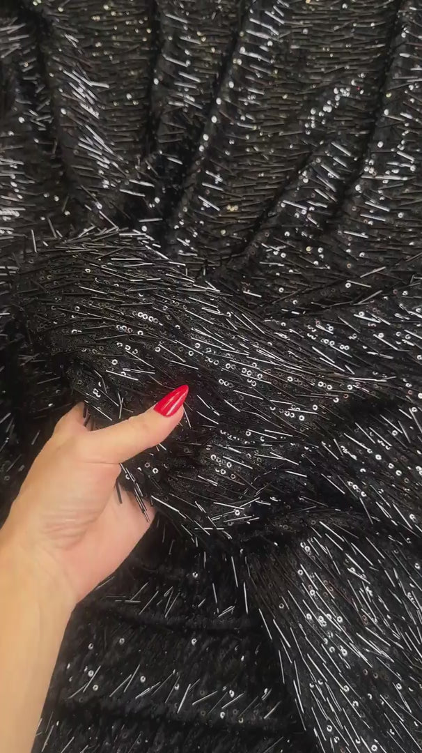 Black Fringe Sequin on Mesh, Black Sequin Mesh for woman, Fringe Sequin Mesh for bride, Non-Stretch Mesh on sale, Sequin Mesh on discount, sequin fabric online