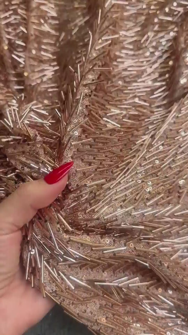 Rose Gold Fringe Sequin on Mesh, Rose Gold Sequin Mesh for woman, Fringe Sequin Mesh for bride, Non-Stretch Mesh on sale, Sequin Mesh on discount, sequin fabric online